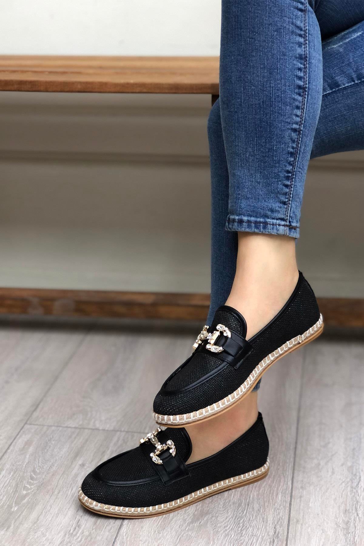 MY BELLA SM-0526 Hasır Espadril Kadın Babet Siyah