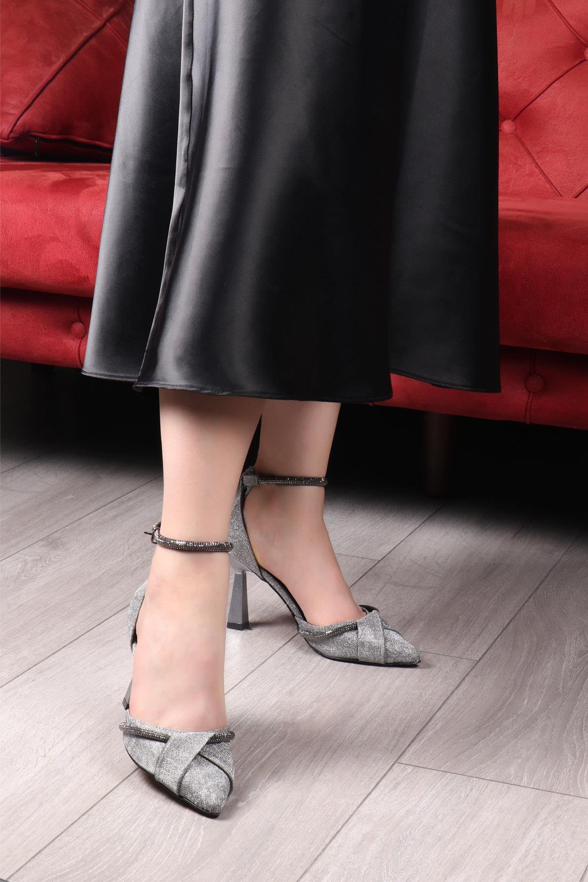 My Bella SP-822 Taşlı Topuklu Kadın Ayakkakbı Platin Taşlı