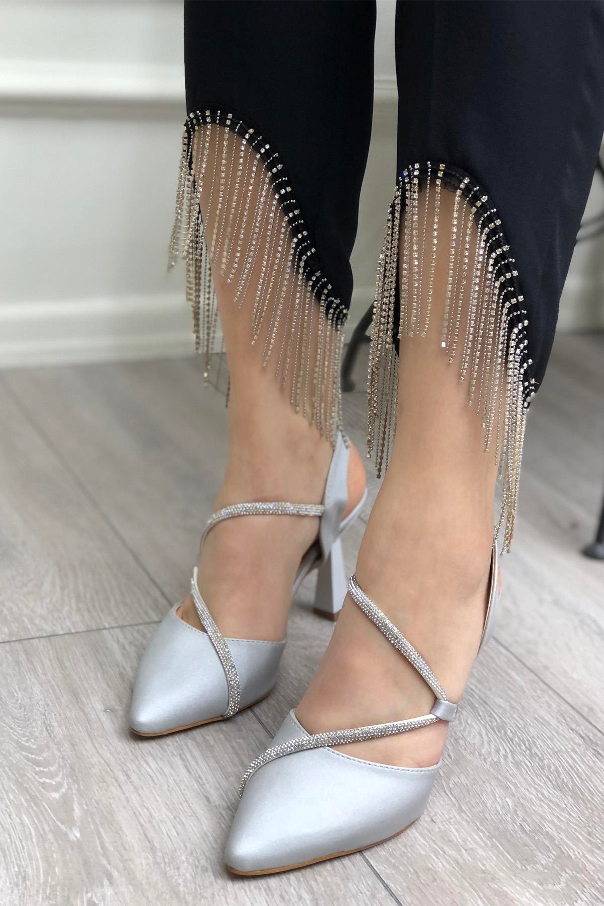 My Bella SP-826 Saten Kadeh Topuk Kadın Ayakkakbı Gümüş Saten