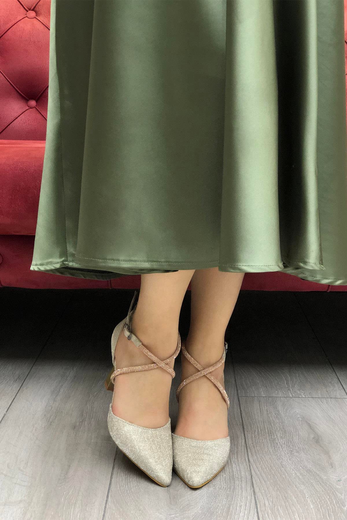 My Bella SP-828 Taşlı Kadeh Topuk Kadın Ayakkakbı Altın Duvar