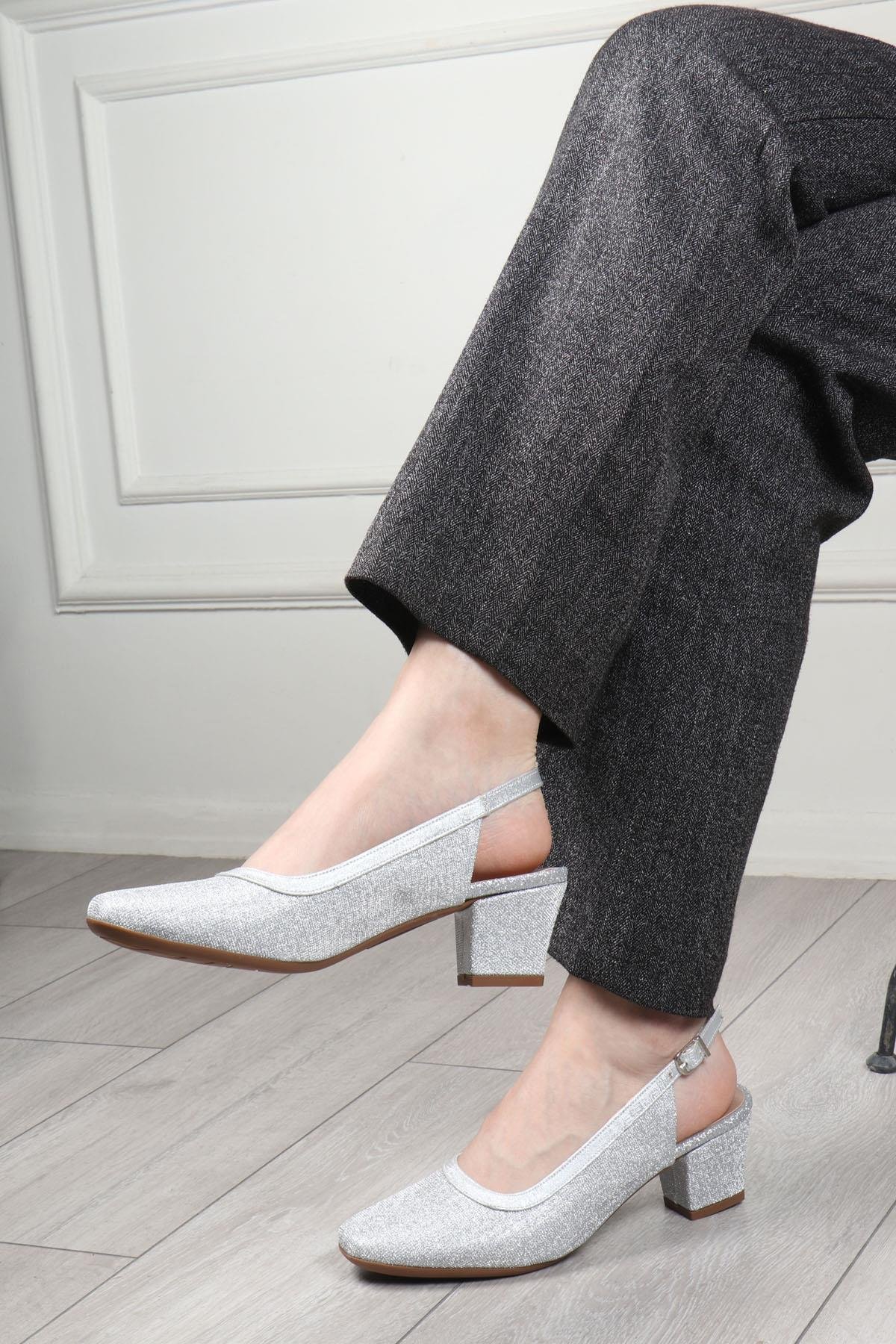 MYBELLA  25Y MF-8644 Topuklu Kadın Ayakkabı Gümüş Simli