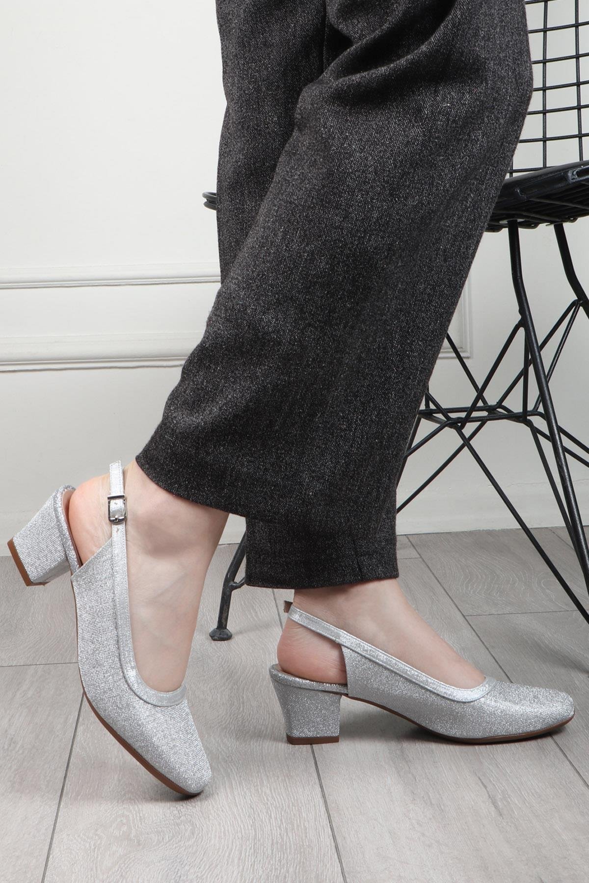 MYBELLA  25Y MF-8644 Topuklu Kadın Ayakkabı Gümüş Simli