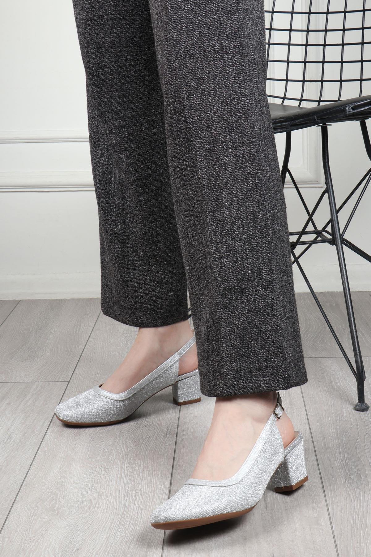 MYBELLA  25Y MF-8644 Topuklu Kadın Ayakkabı Gümüş Simli