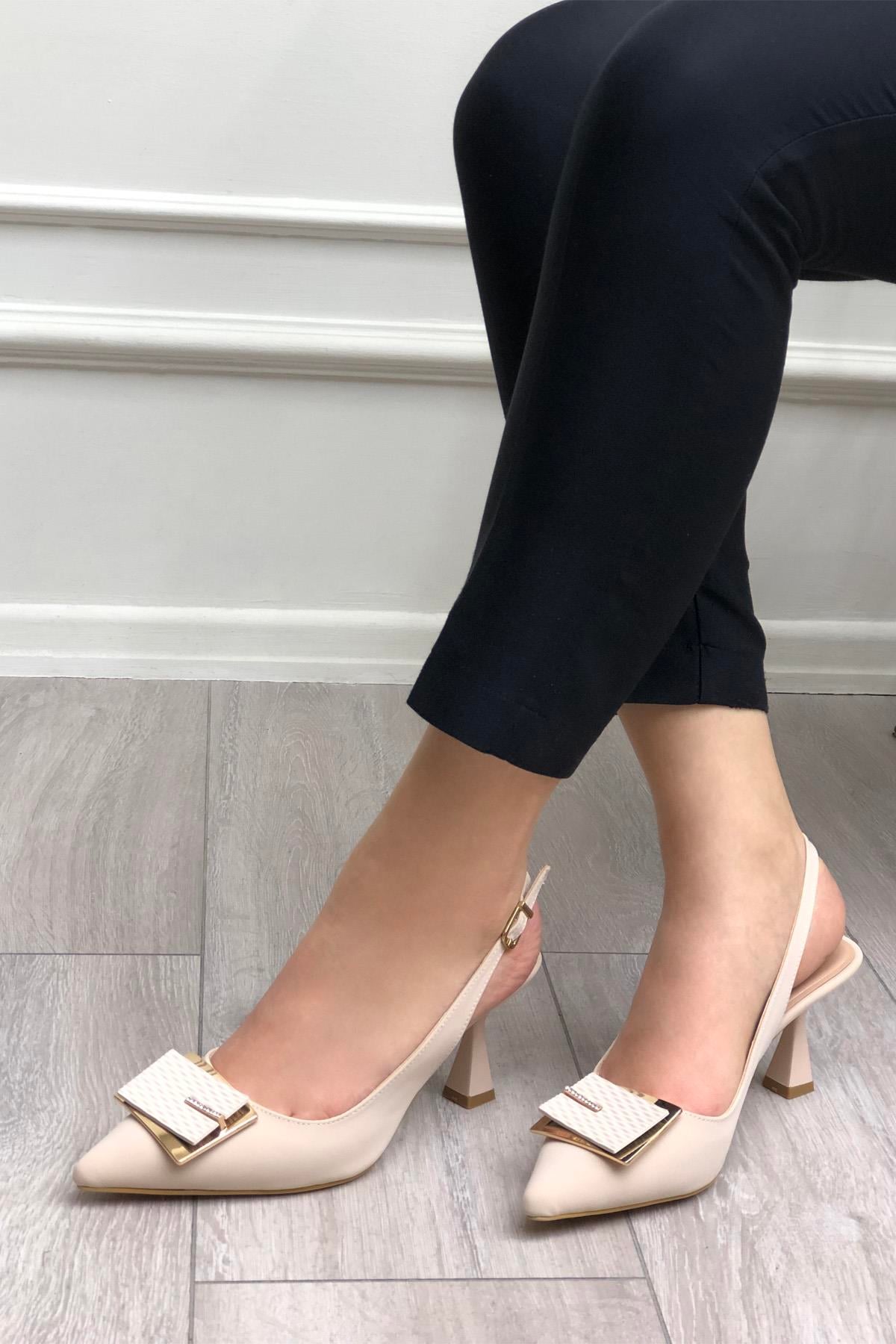 MYBELLA EM-4142 Topuklu Kadın Ayakkabı Ten Kumaş