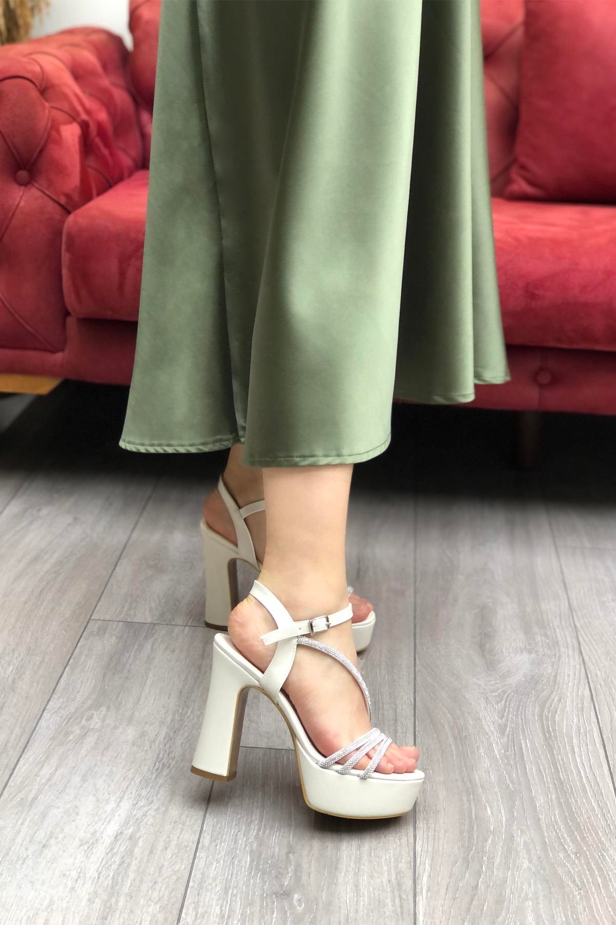 MYBELLA K-820 Piyeli Platform Topuk Kadın Ayakkabı Sedef