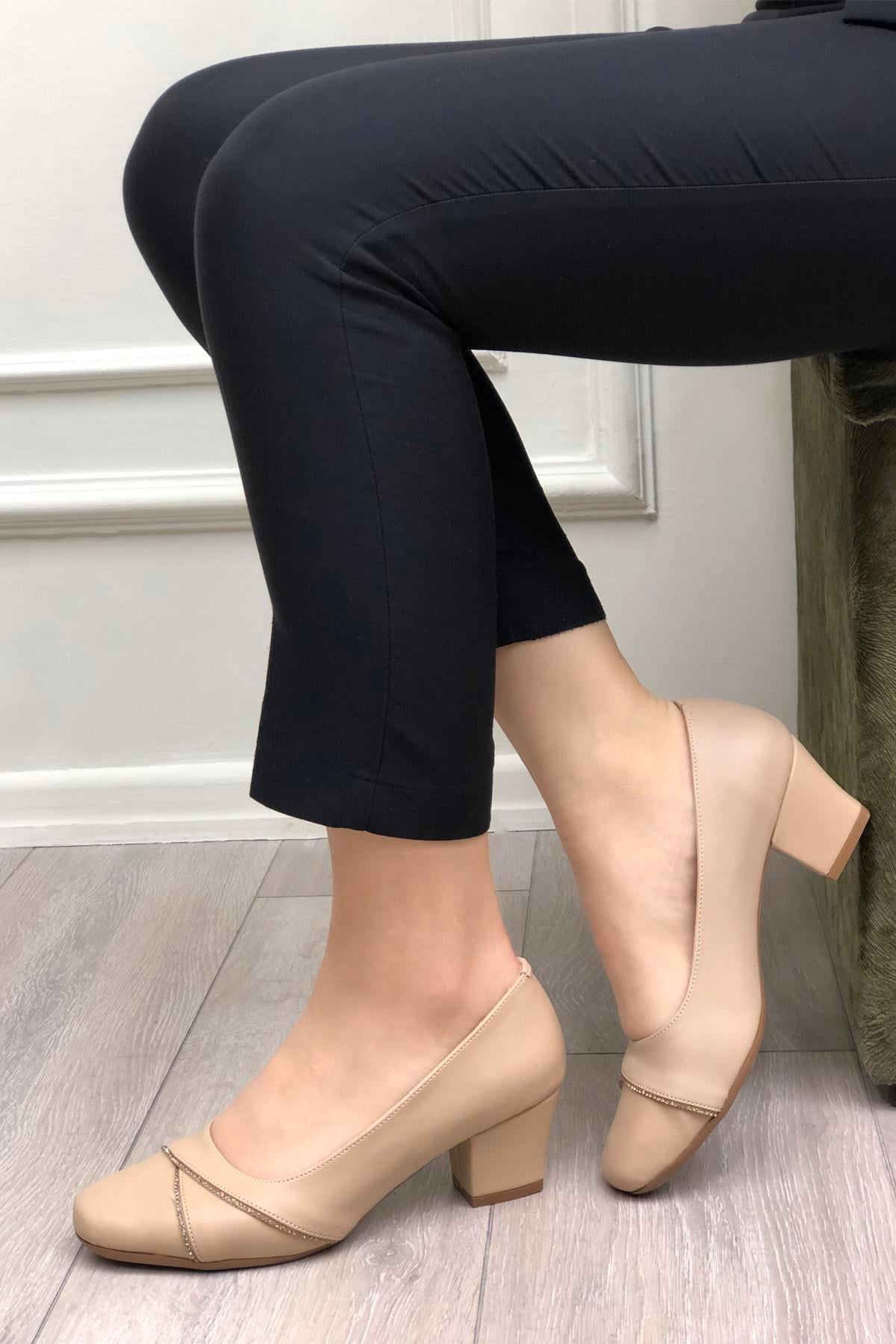 MYBELLA  MF-8629 Taşlı Topuklu Kadın Ayakkabı Nut