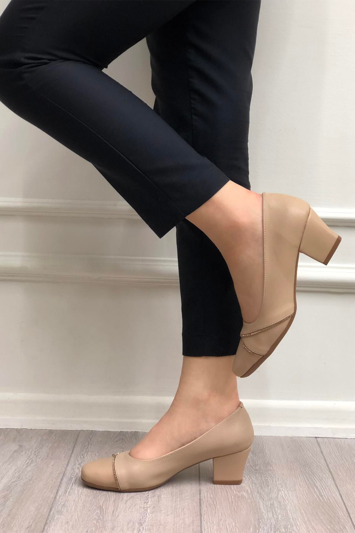 MYBELLA  MF-8629 Taşlı Topuklu Kadın Ayakkabı Nut