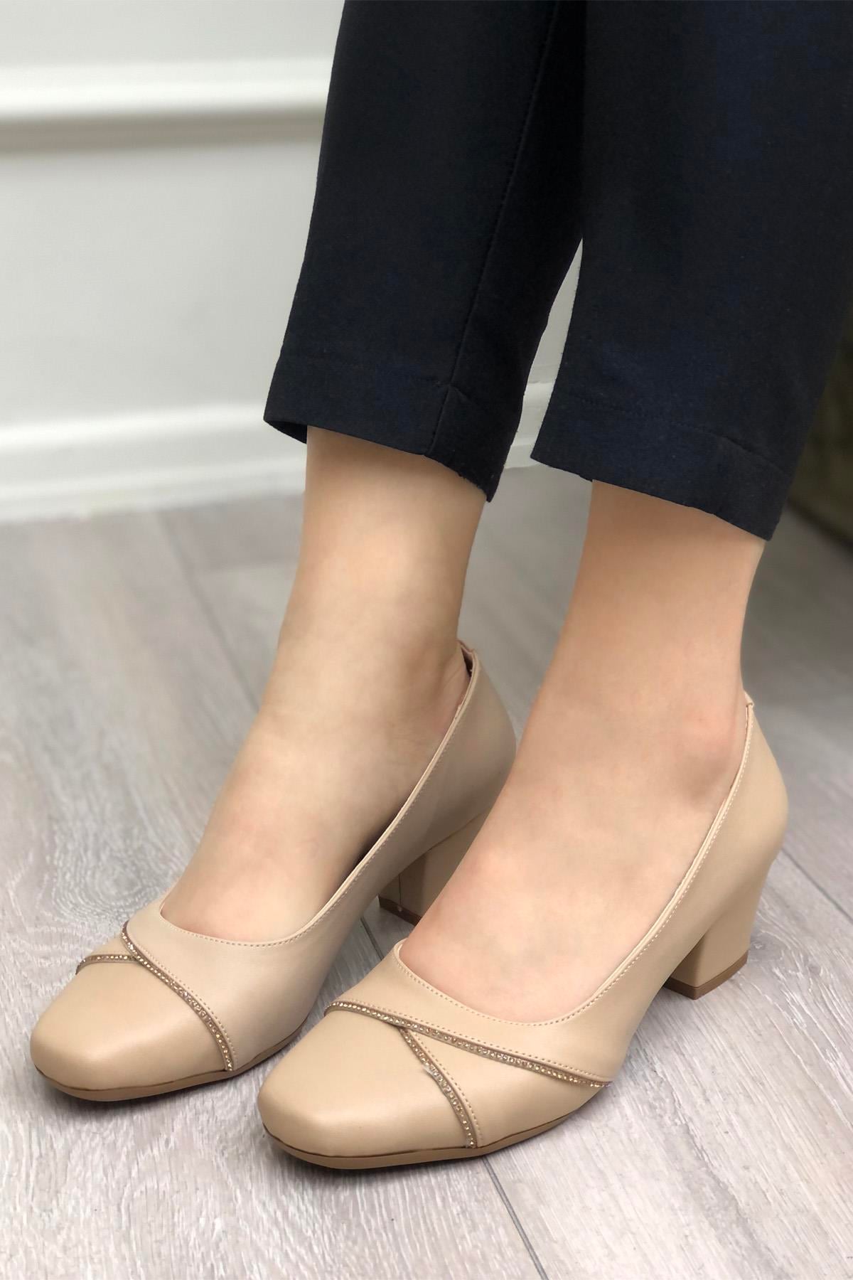 MYBELLA  MF-8629 Taşlı Topuklu Kadın Ayakkabı Nut