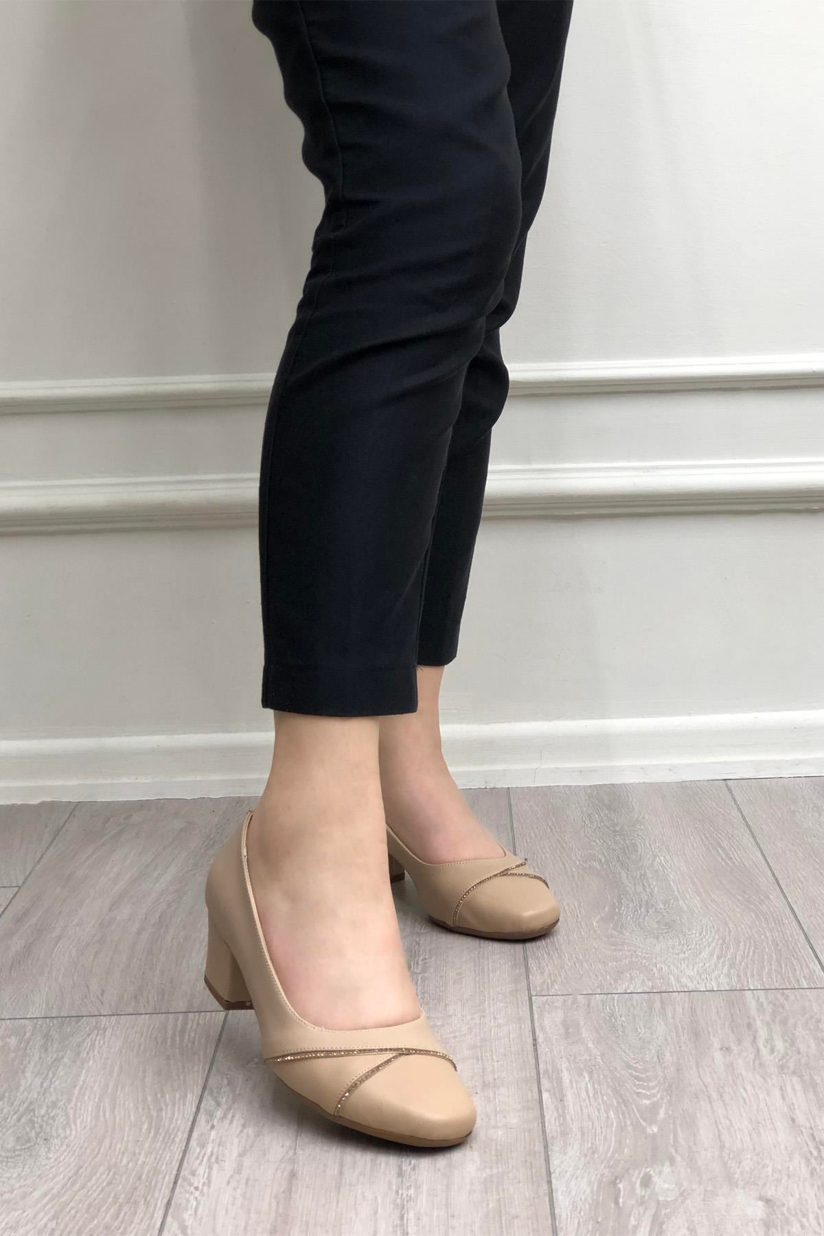 MYBELLA  MF-8629 Taşlı Topuklu Kadın Ayakkabı Nut