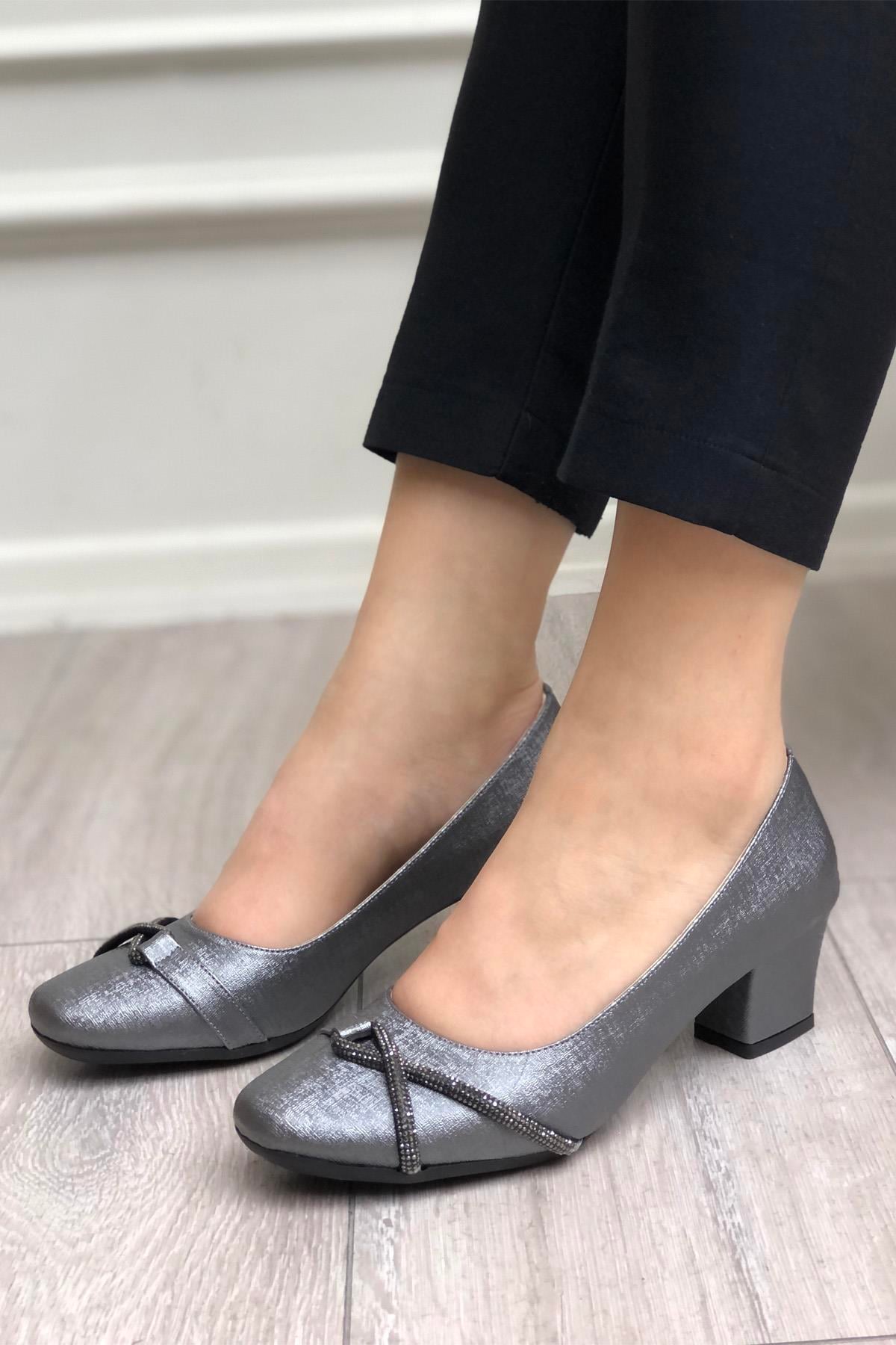 MYBELLA  MF-8631 Taşlı Topuklu Kadın Ayakkabı Nut