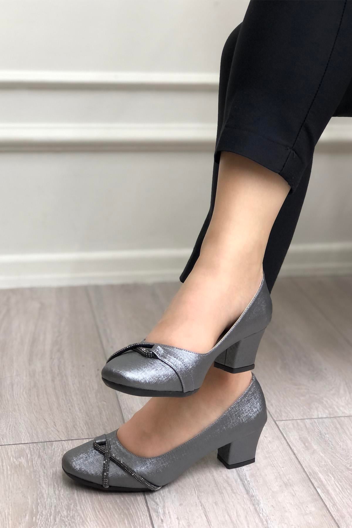 MYBELLA  MF-8631 Taşlı Topuklu Kadın Ayakkabı Nut