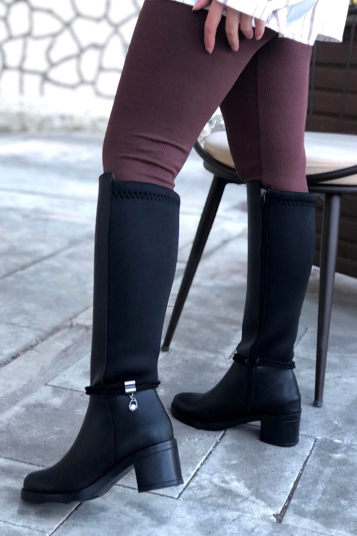 MYBELLA ZRD-203 Tokalı Lastikli Çizme Siyah