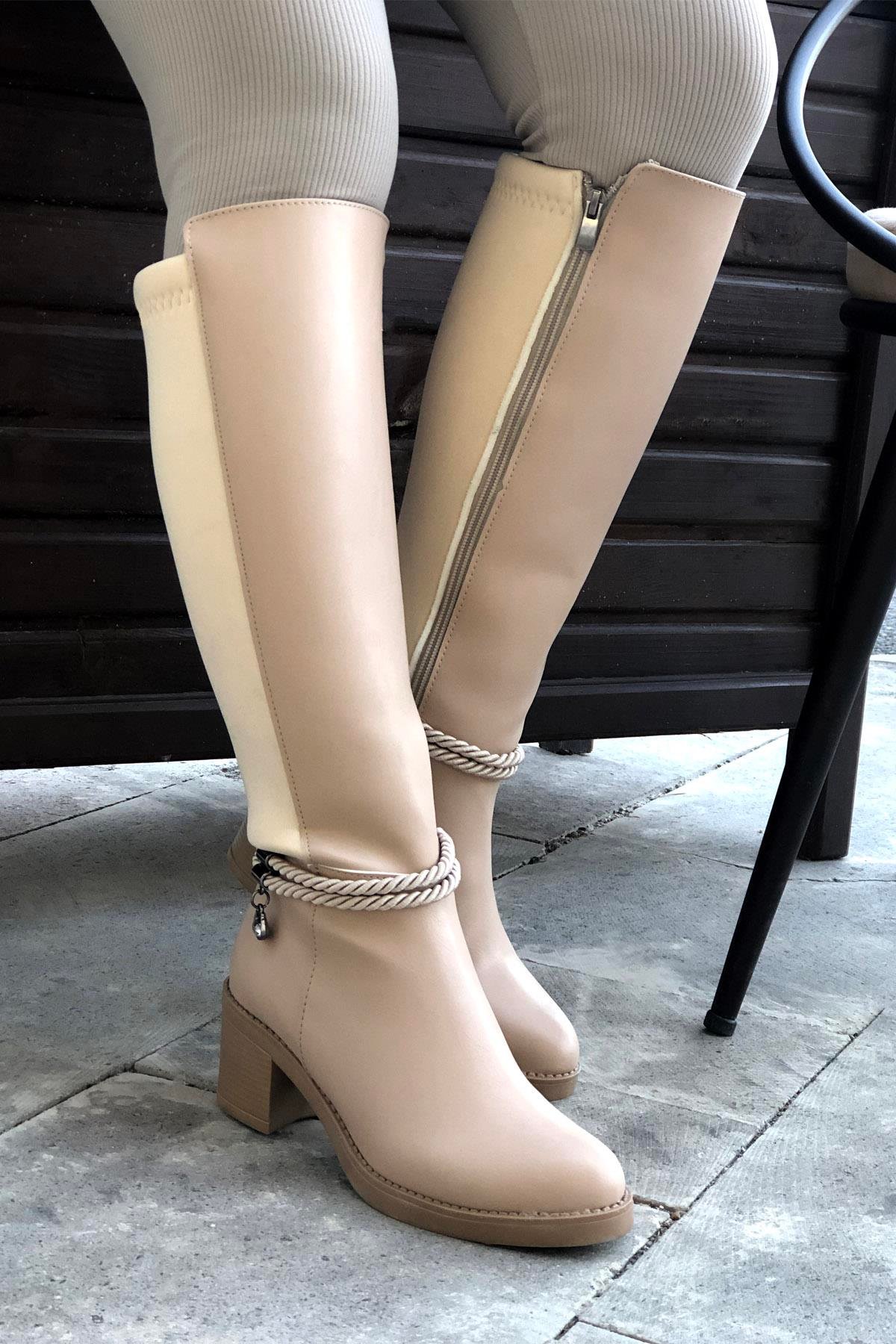 MYBELLA ZRD-203 Tokalı Lastikli Çizme Bej