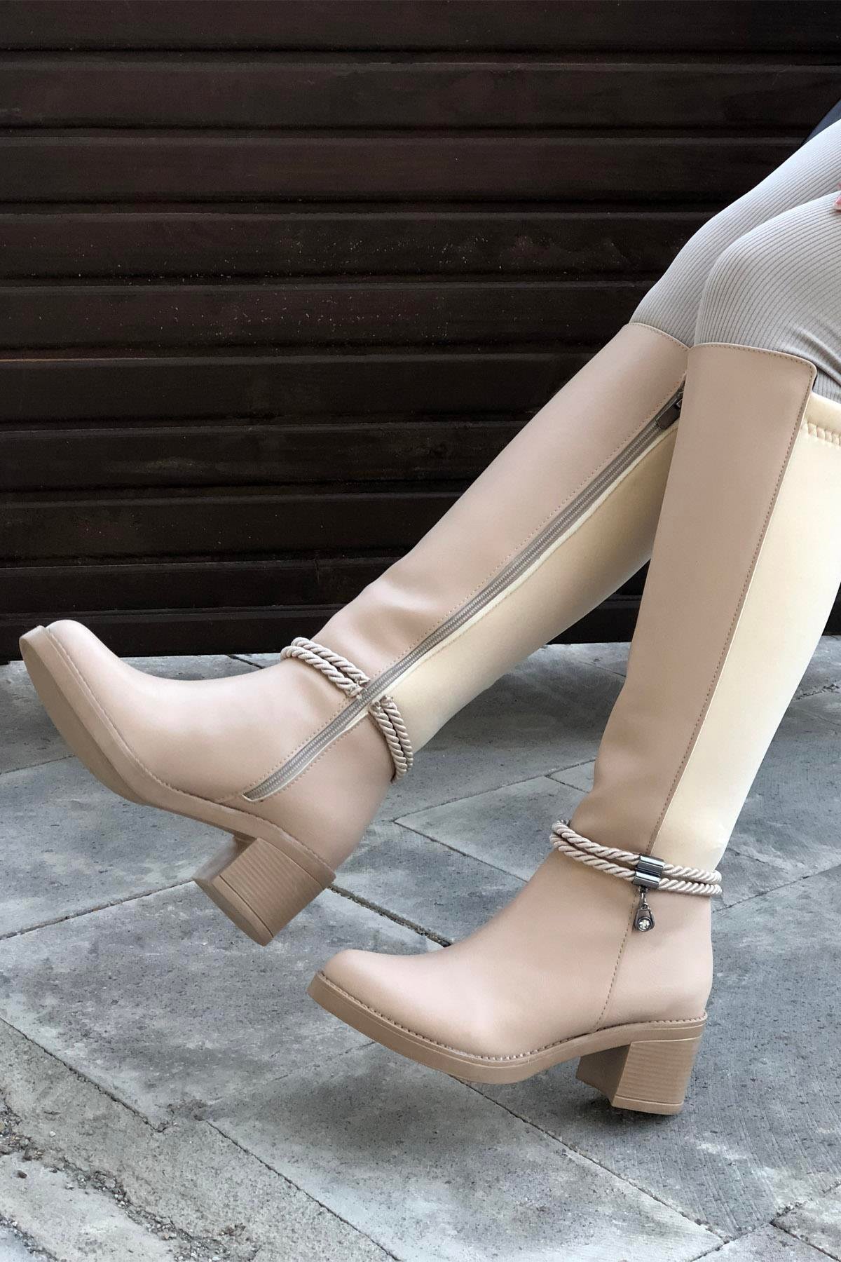 MYBELLA ZRD-203 Tokalı Lastikli Çizme Bej