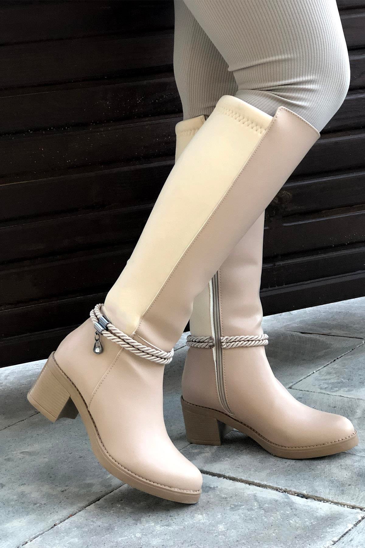 MYBELLA ZRD-203 Tokalı Lastikli Çizme Bej