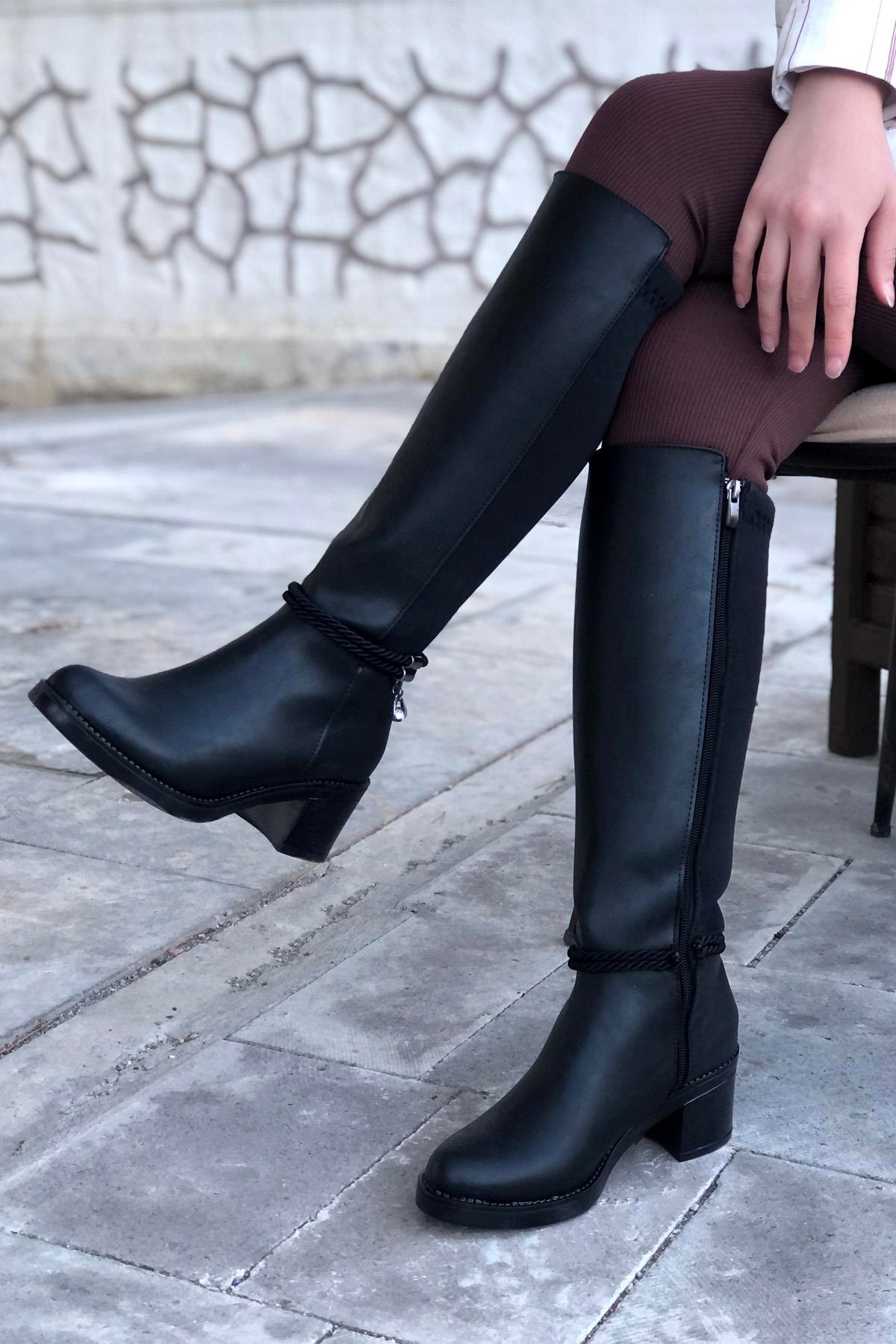 MYBELLA ZRD-203 Tokalı Lastikli Çizme Siyah
