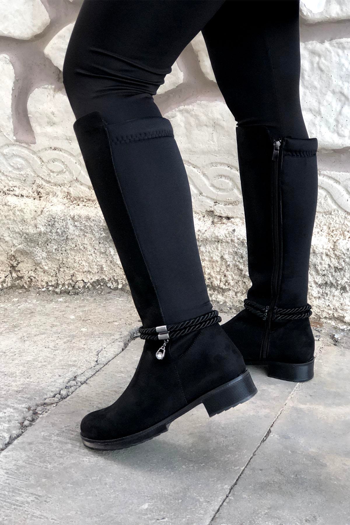 MYBELLA ZRD-211 Tokalı Lastikli Çizme Siyah Süet