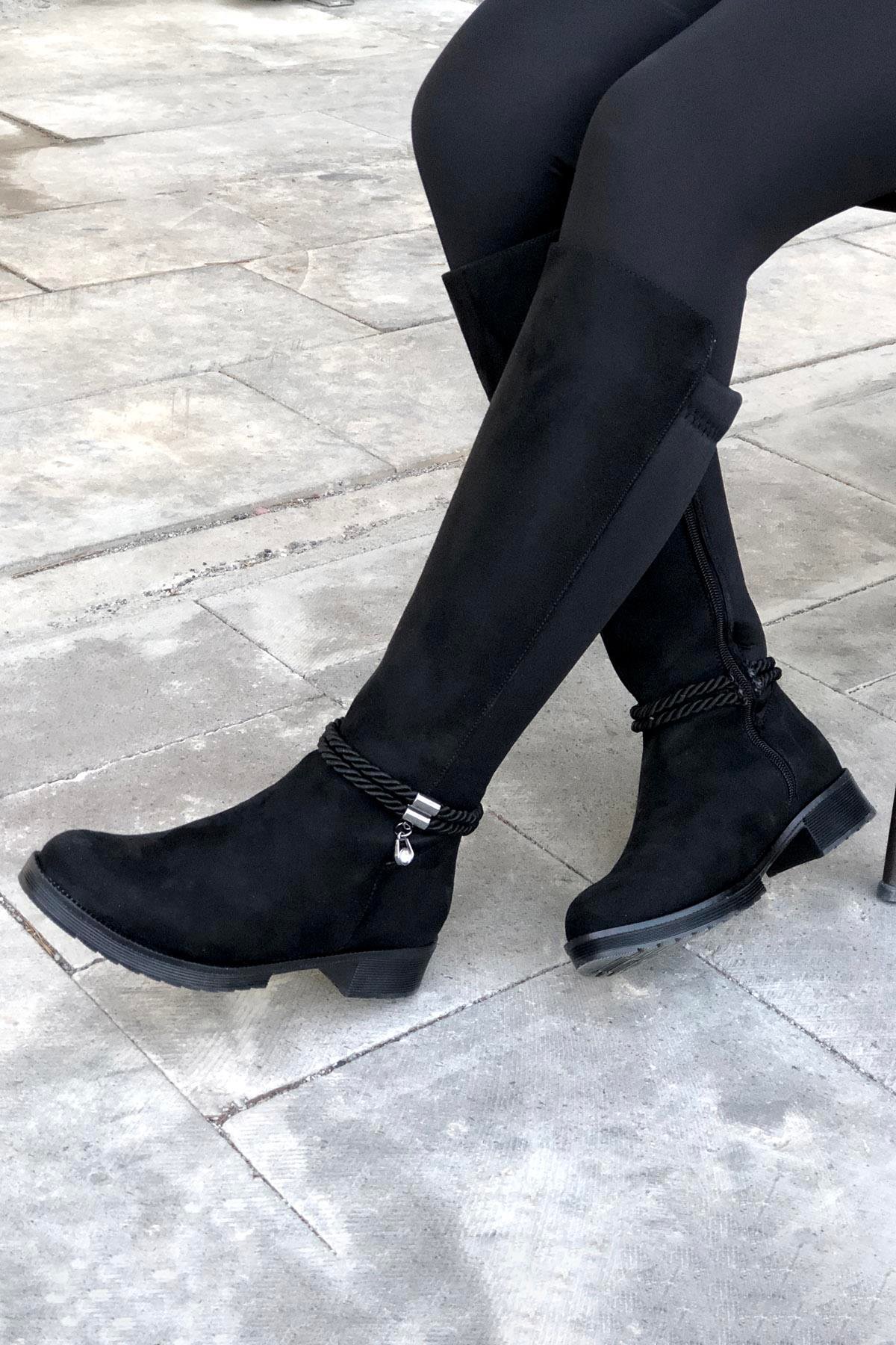 MYBELLA ZRD-211 Tokalı Lastikli Çizme Siyah Süet