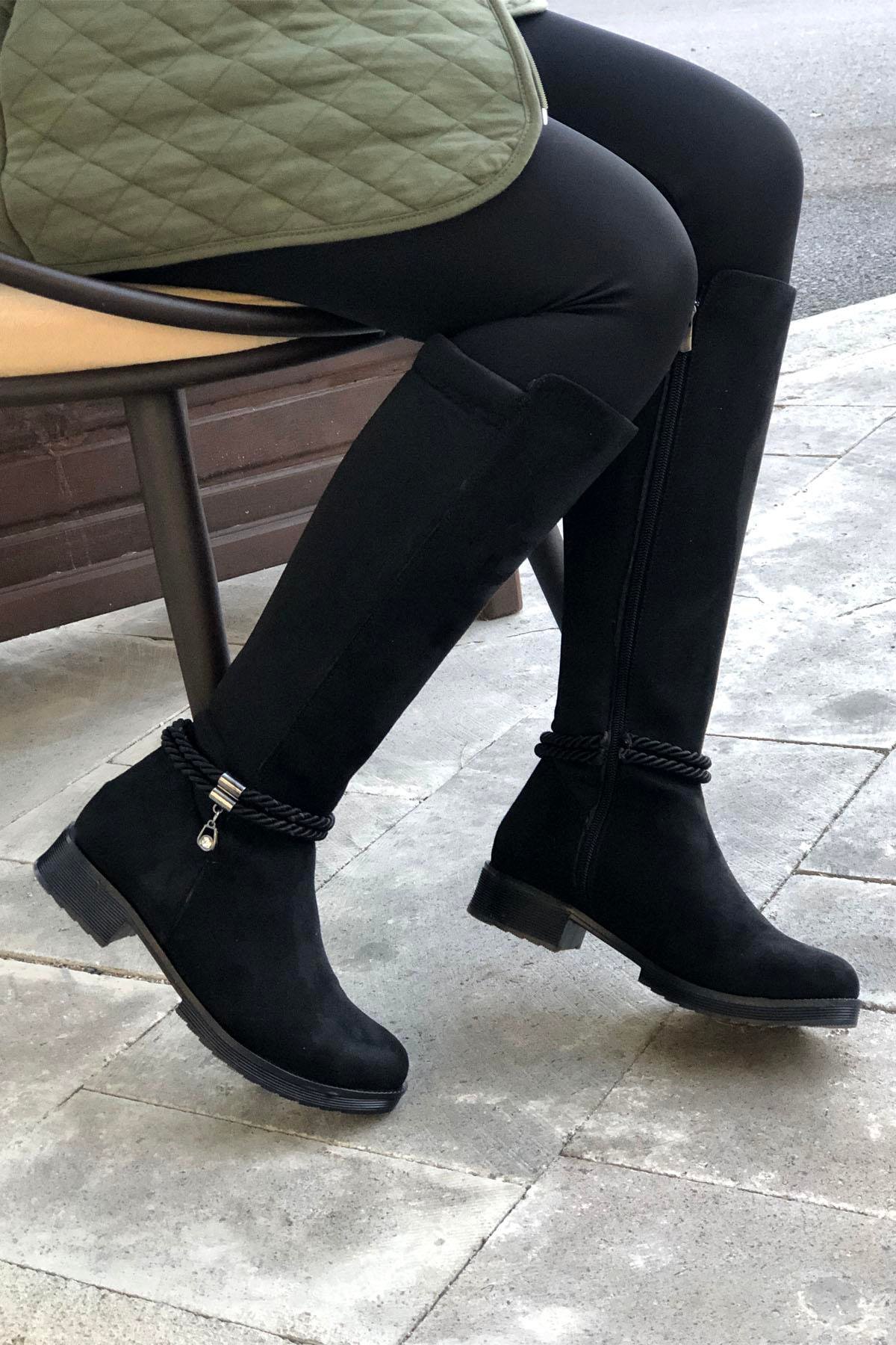 MYBELLA ZRD-211 Tokalı Lastikli Çizme Siyah Süet