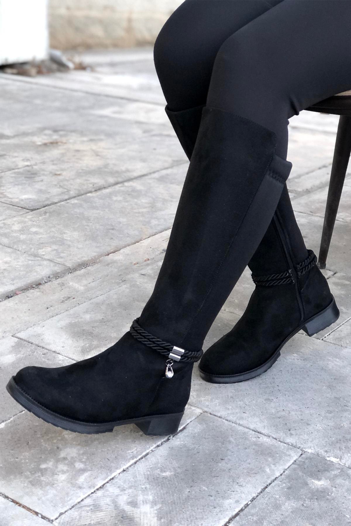 MYBELLA ZRD-211 Tokalı Lastikli Çizme Siyah Süet