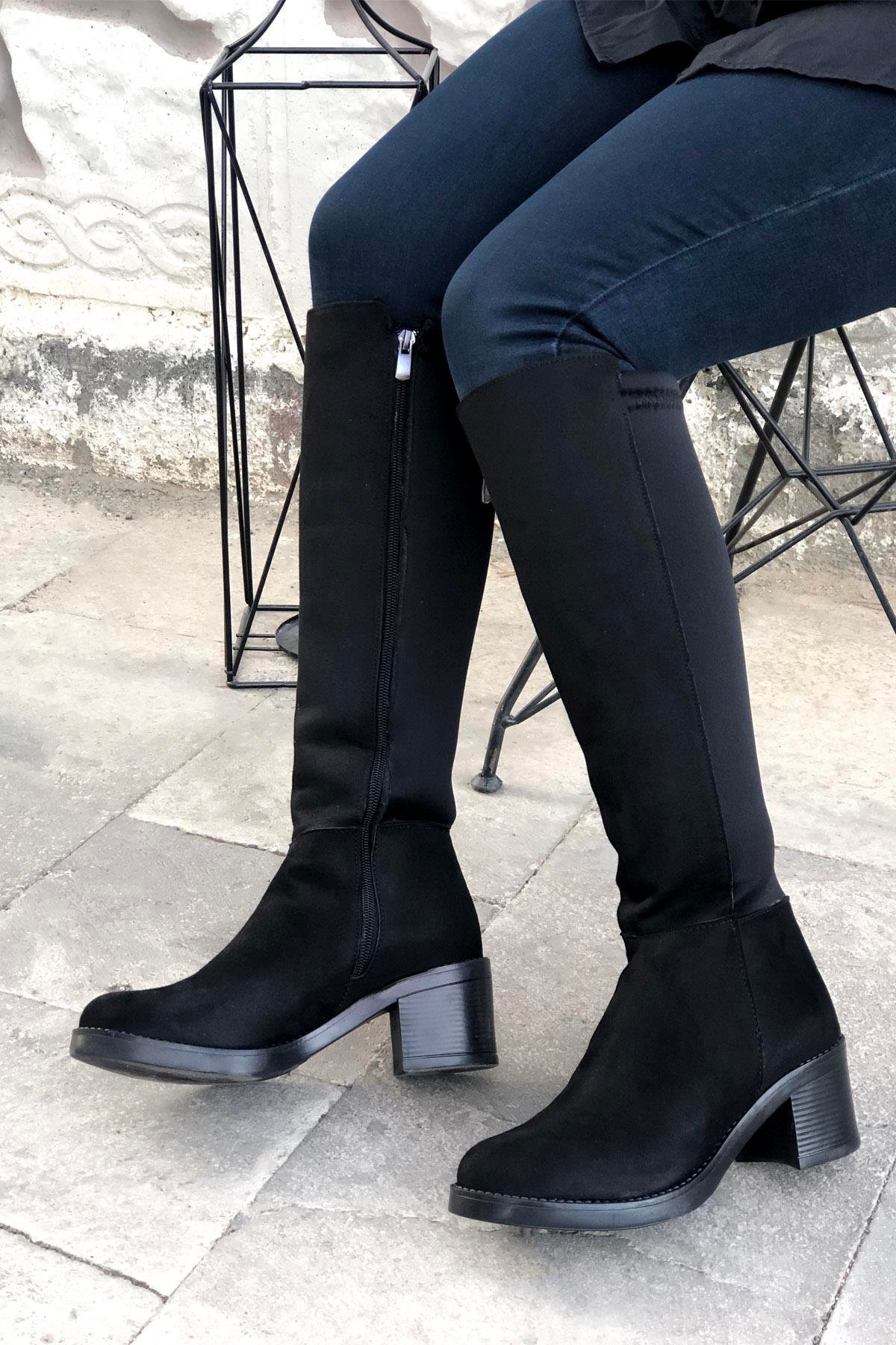 MYBELLA ZRD-401 Lastikli Çizme Siyah Süet