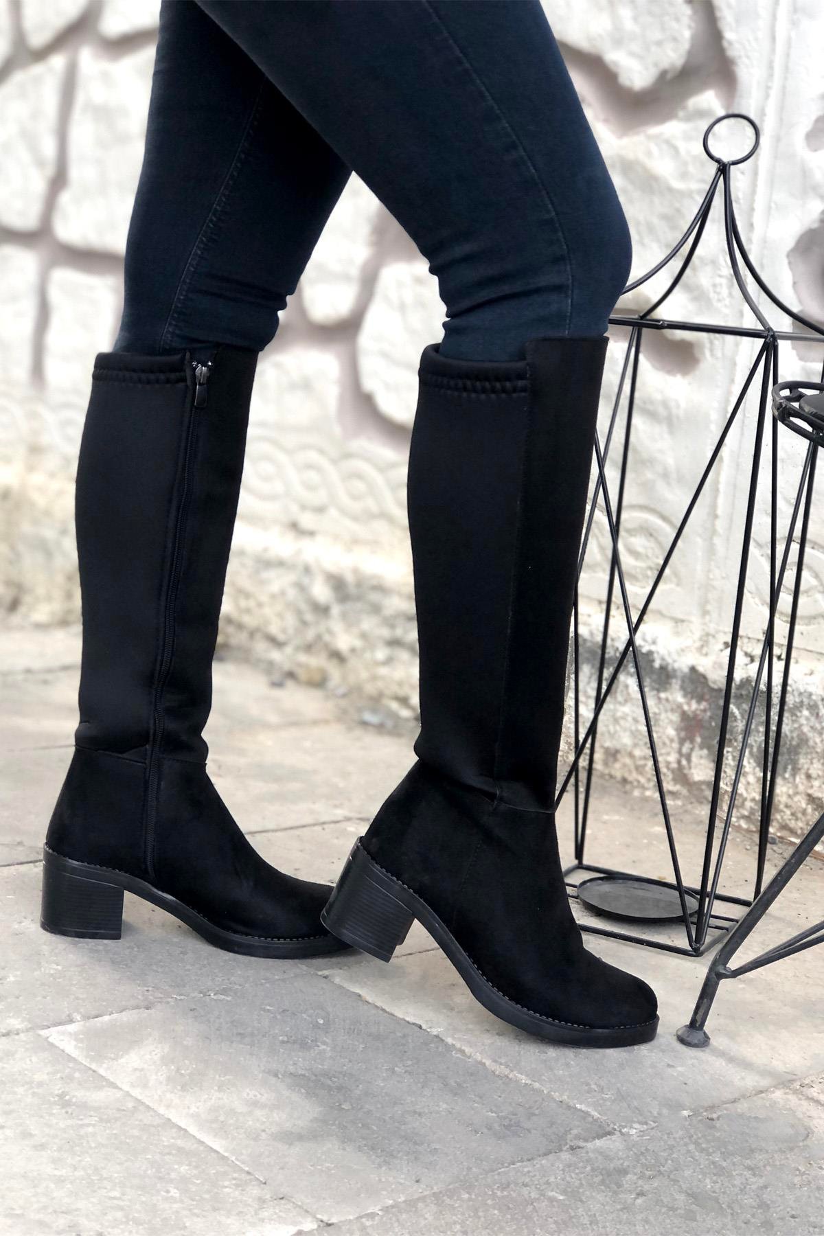 MYBELLA ZRD-401 Lastikli Çizme Siyah Süet