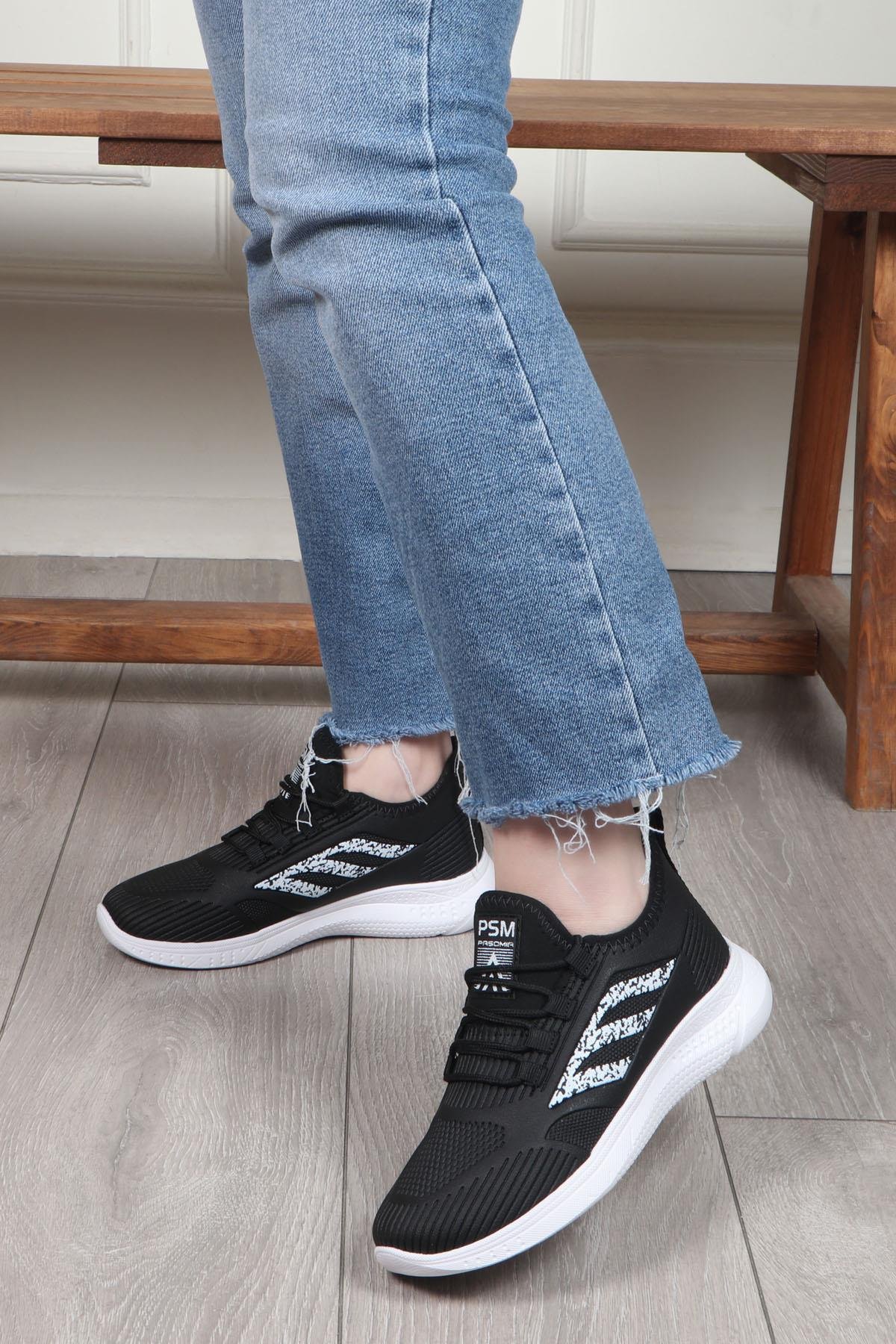 PASOMİA 022 Unisex Cilt Spor Ayakkabı Siyah Beyaz