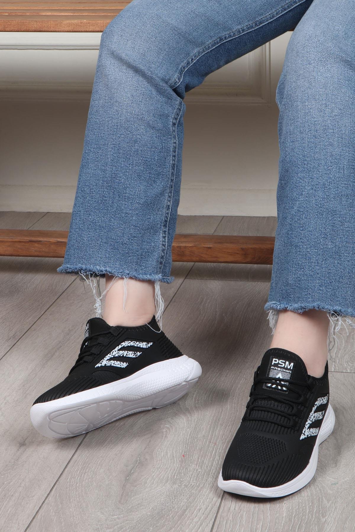 PASOMİA 022 Unisex Cilt Spor Ayakkabı Siyah Beyaz
