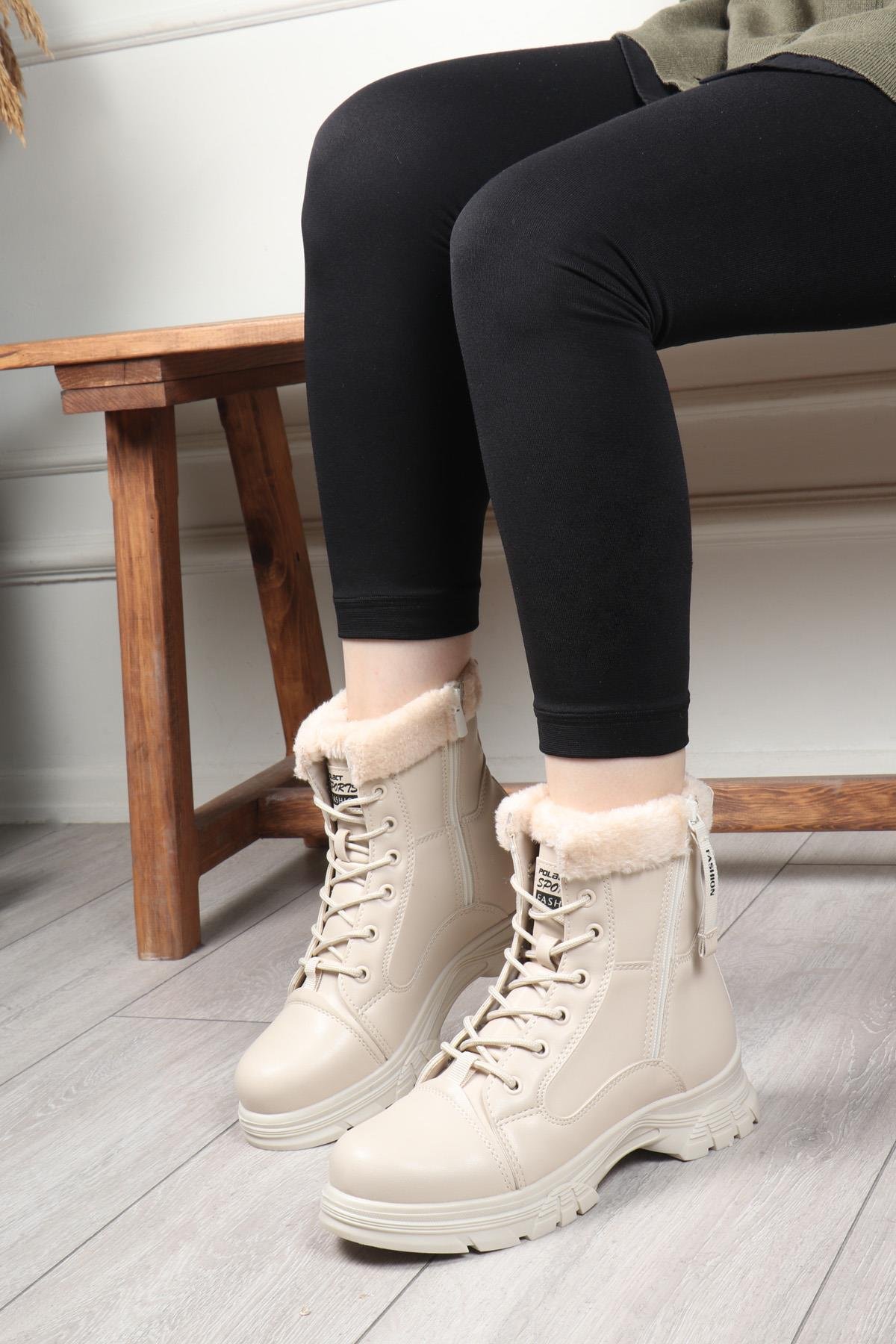 POLACT 24072 Kadın Kürklü Bot Bej