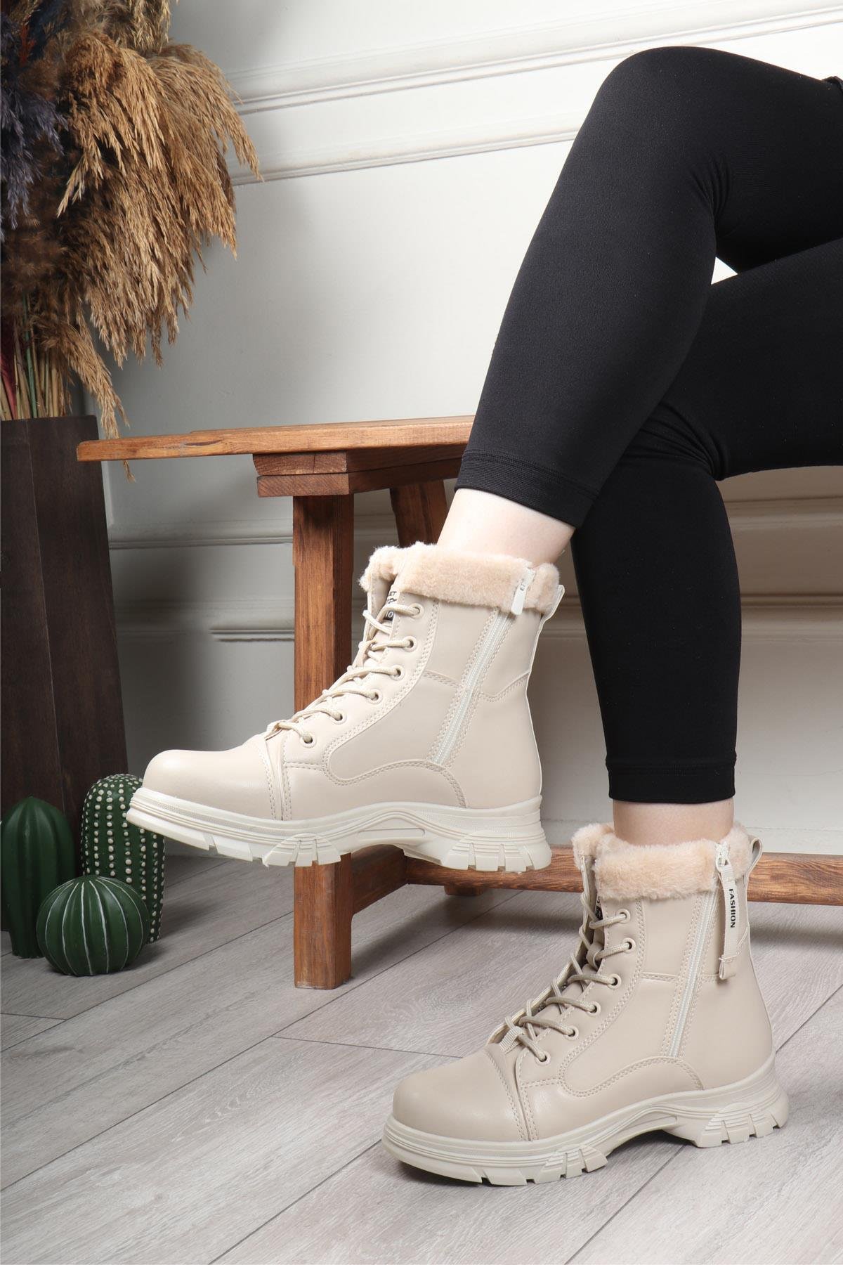 POLACT 24072 Kadın Kürklü Bot Bej