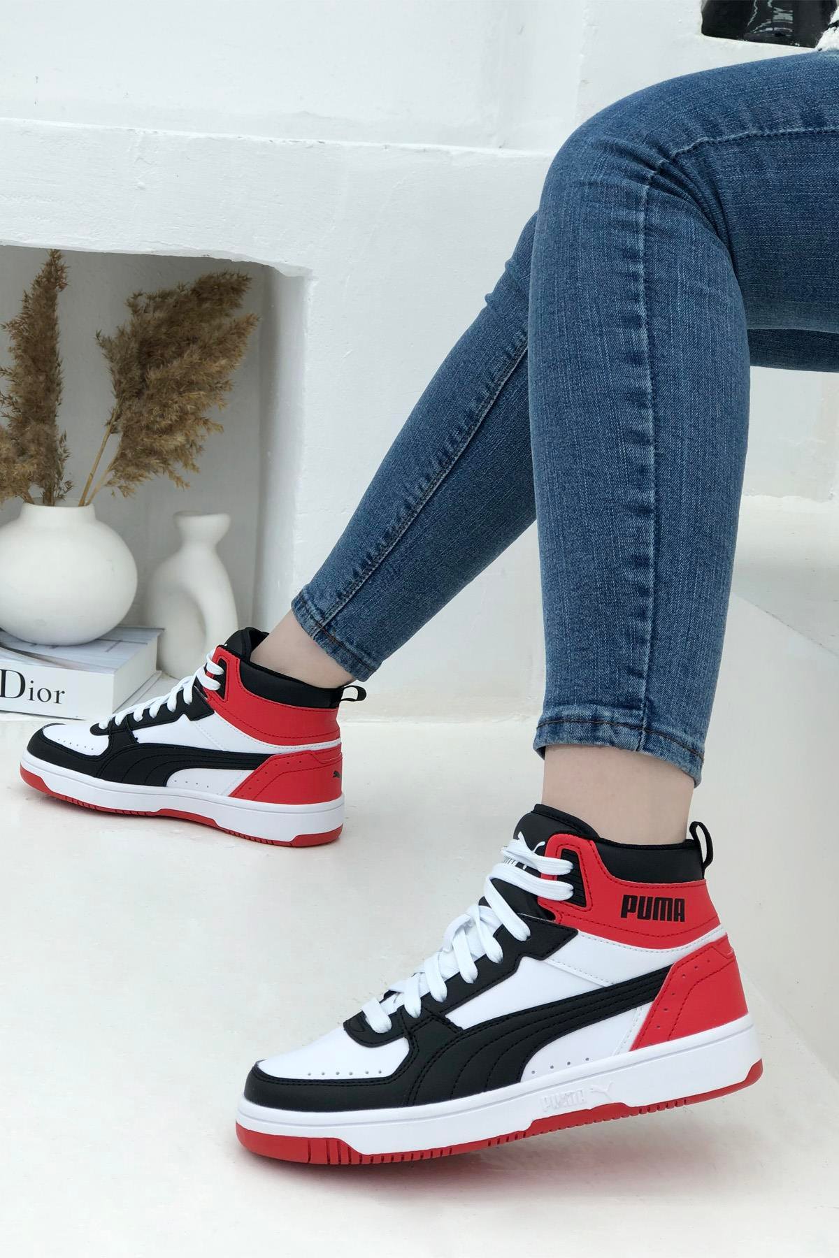 PUMA 374687-03 Rebound JOY Jr Unisex Spor Ayakkabı Beyaz Siyah Kırmızı