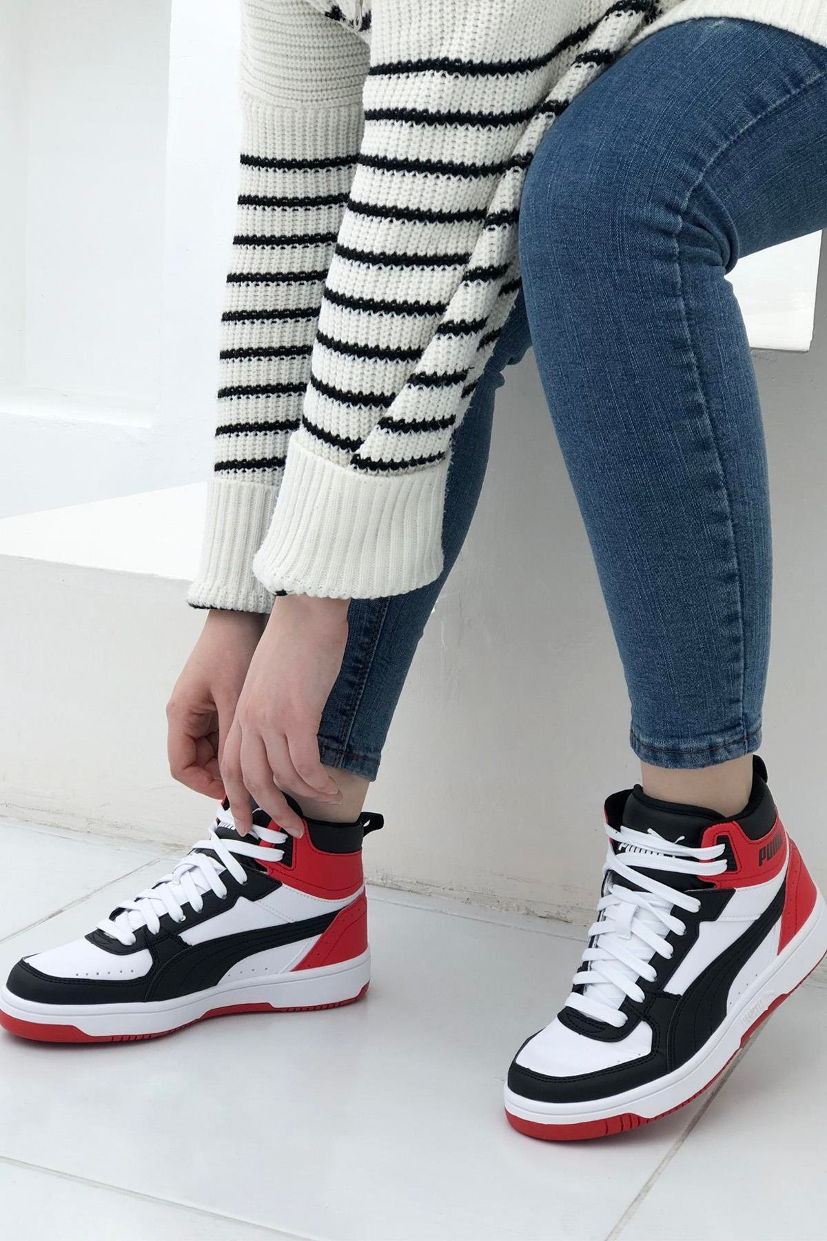 PUMA 374687-03 Rebound JOY Jr Unisex Spor Ayakkabı Beyaz Siyah Kırmızı