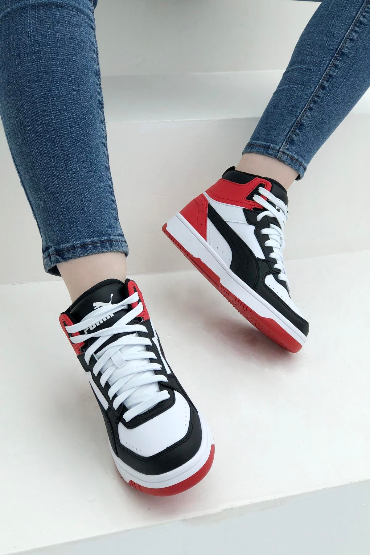 PUMA 374687-03 Rebound JOY Jr Unisex Spor Ayakkabı Beyaz Siyah Kırmızı