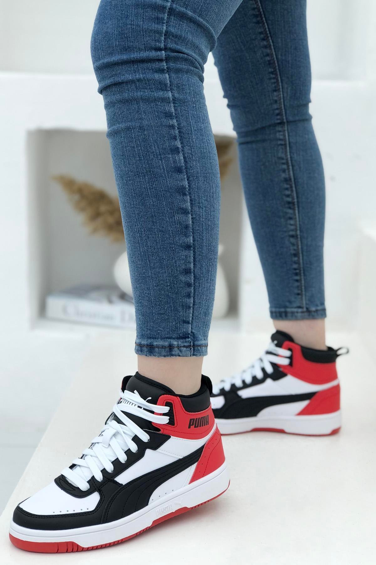 PUMA 374687-03 Rebound JOY Jr Unisex Spor Ayakkabı Beyaz Siyah Kırmızı