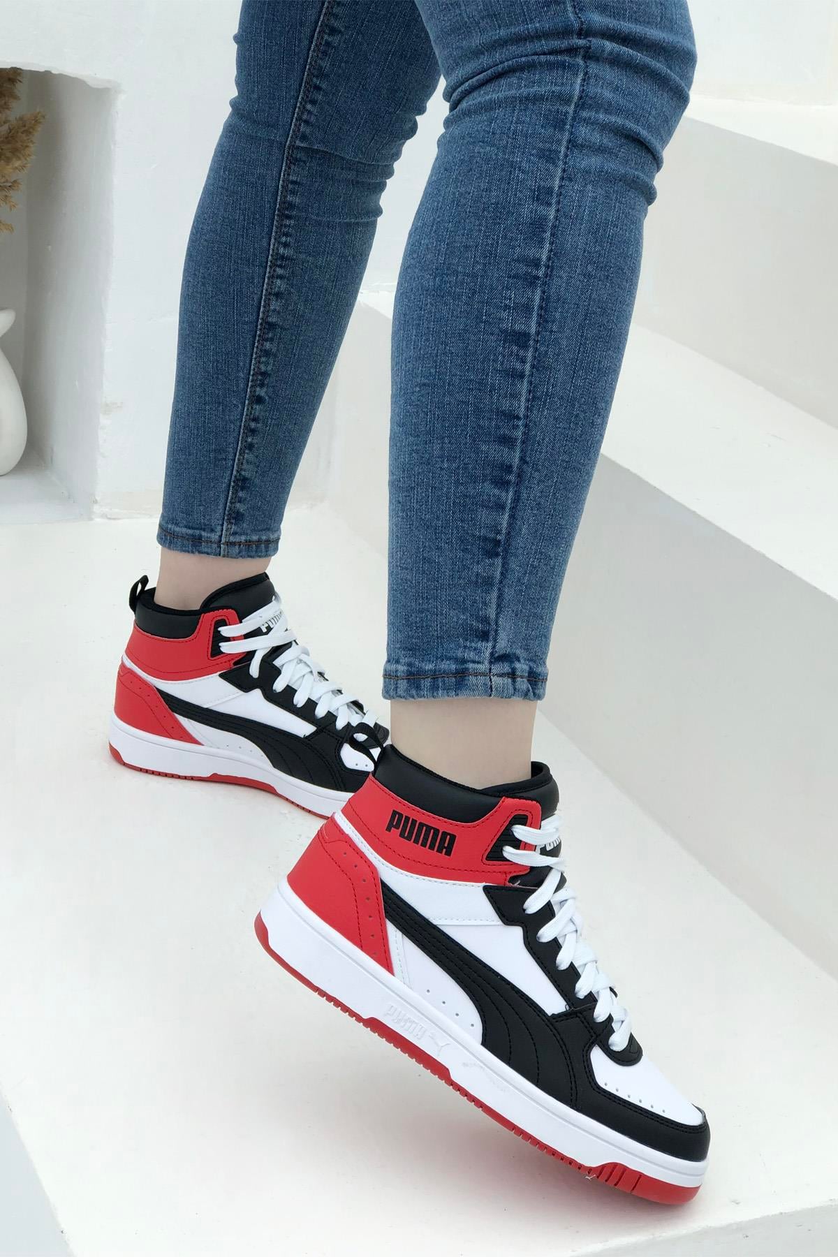 PUMA 374687-03 Rebound JOY Jr Unisex Spor Ayakkabı Beyaz Siyah Kırmızı