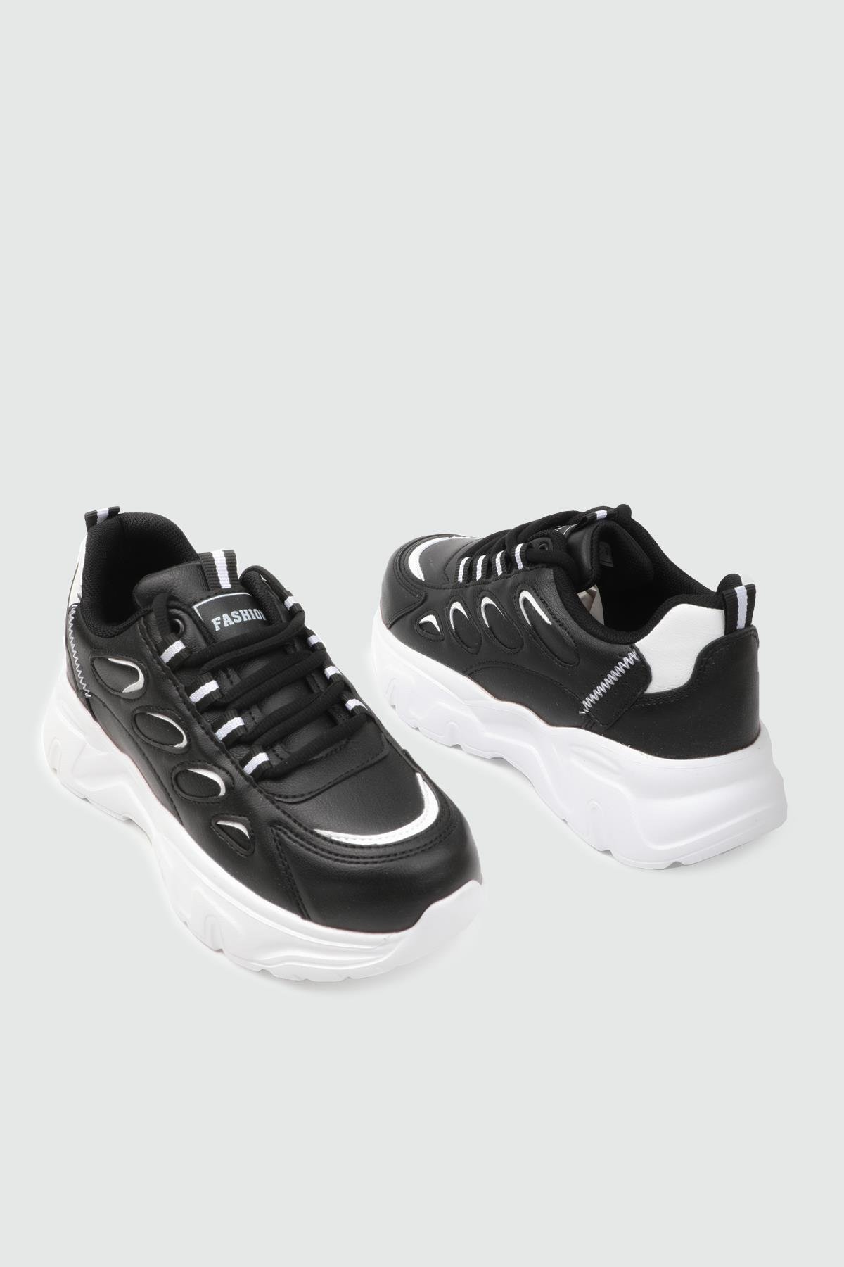 QUEEN STEP 25K 1001 Kadın Cilt Spor Ayakkabı Siyah Beyaz Beyaz