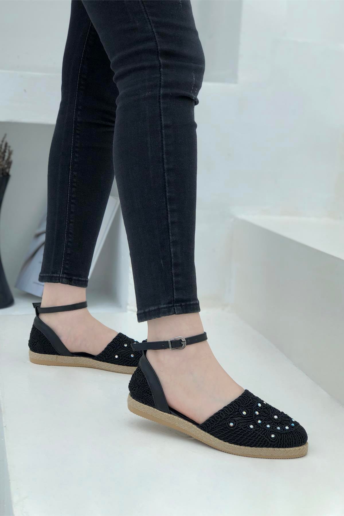 Taşlı Hasır Kadın Espadril Siyah 1701 