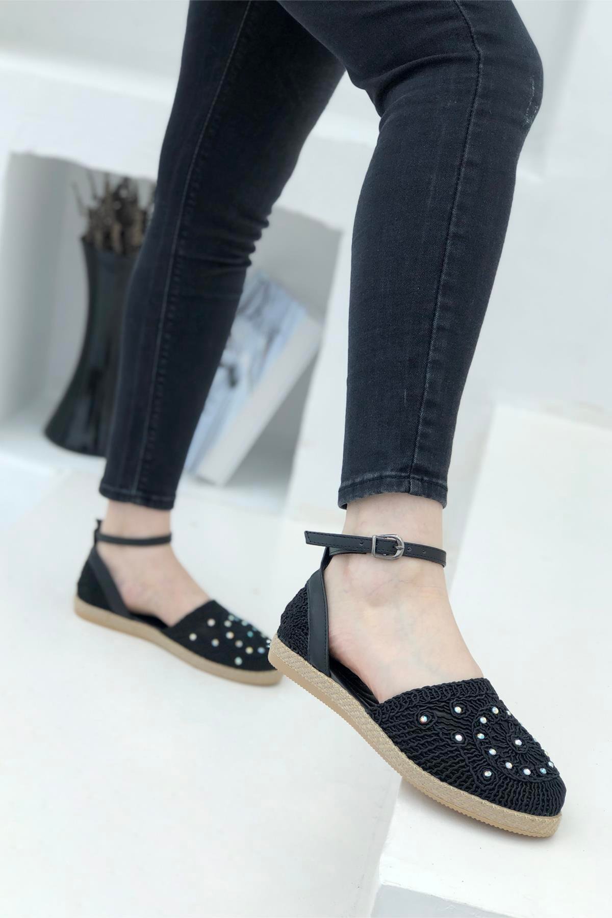 Taşlı Hasır Kadın Espadril Siyah 1701 