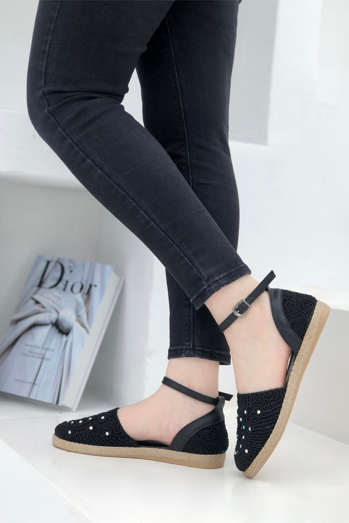Taşlı Hasır Kadın Espadril Siyah 1701 