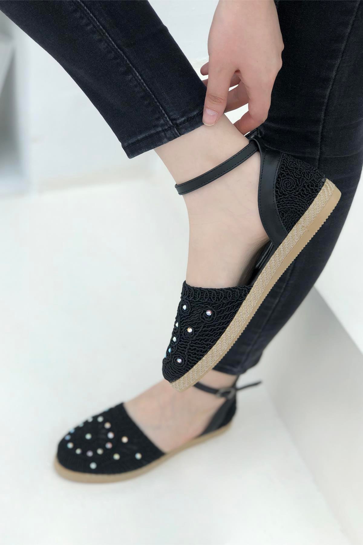 Taşlı Hasır Kadın Espadril Siyah 1701 