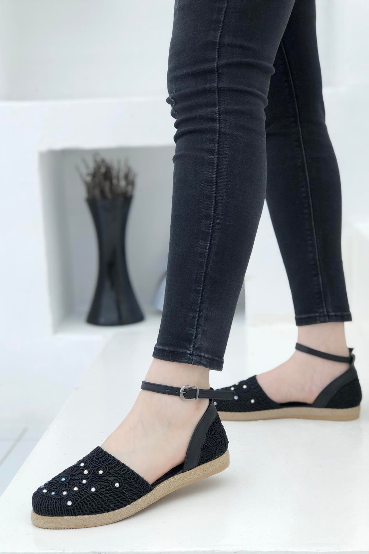 Taşlı Hasır Kadın Espadril Siyah 1701 