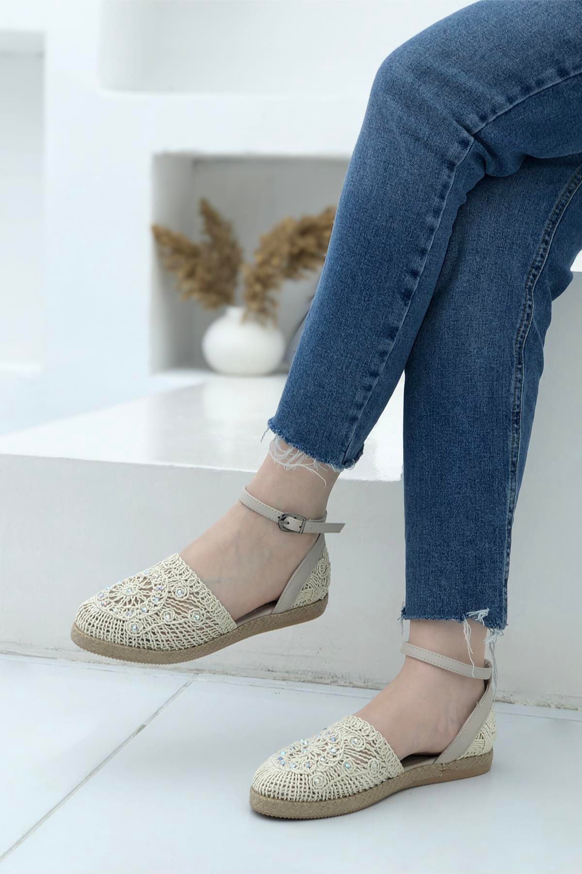 Taşlı Hasır Kadın Espadril Ten 1701 