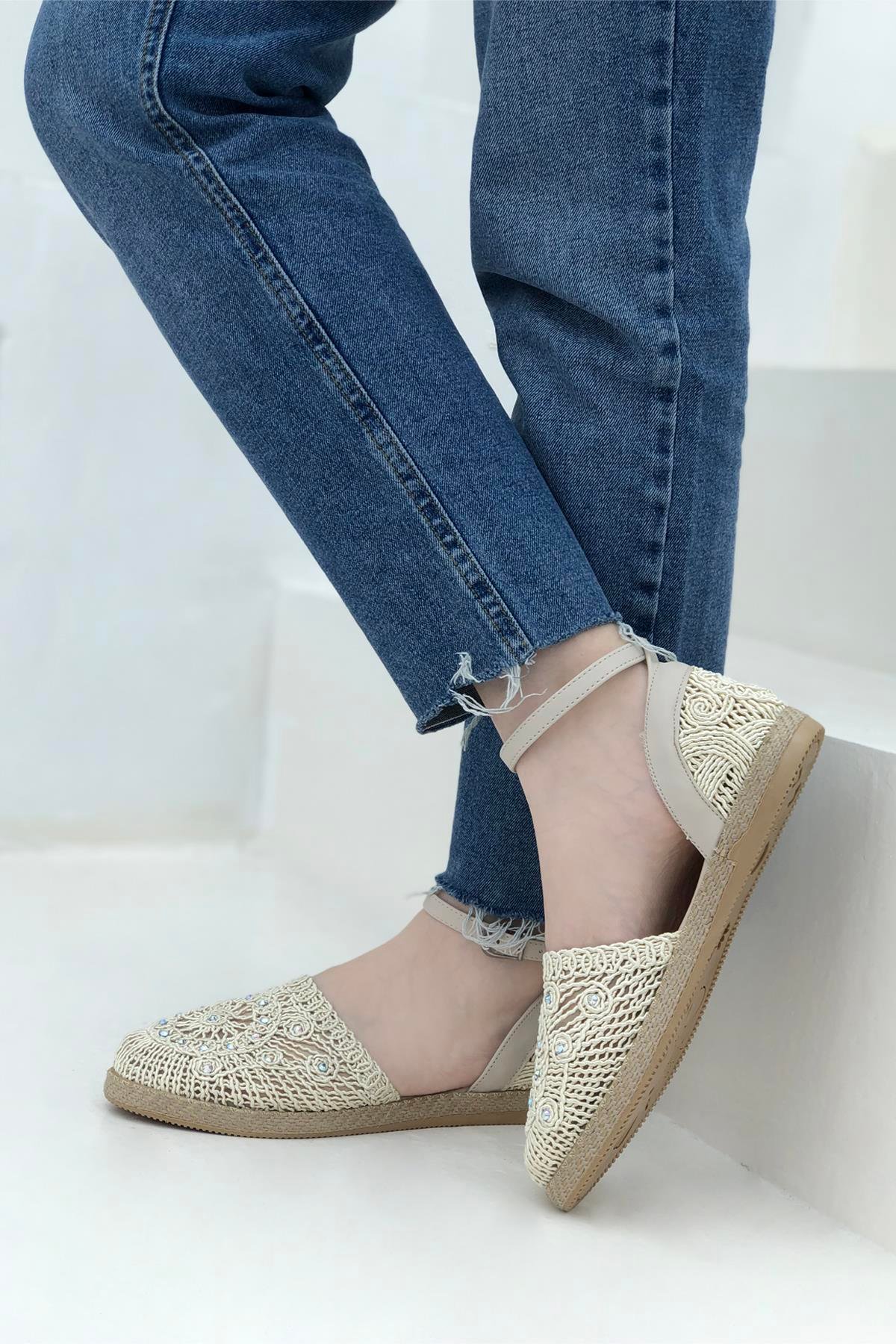 Taşlı Hasır Kadın Espadril Ten 1701 