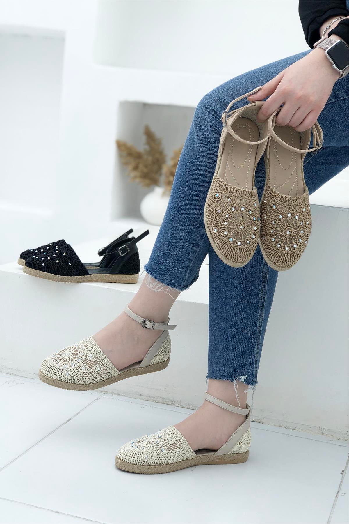 Taşlı Hasır Kadın Espadril Ten 1701 