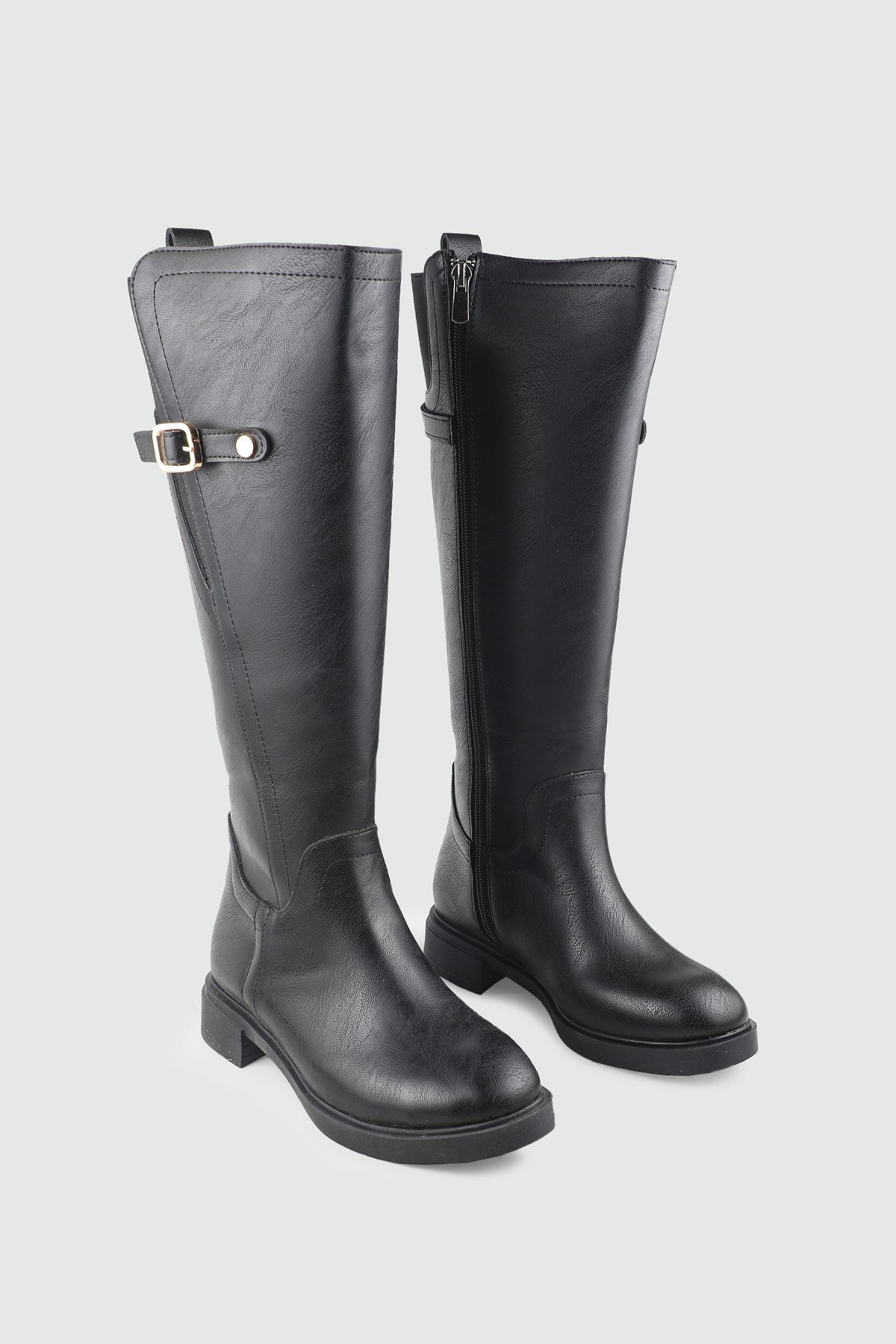Toka Detaylı Kadın Çizme Siyah Keçeli Shoes 022