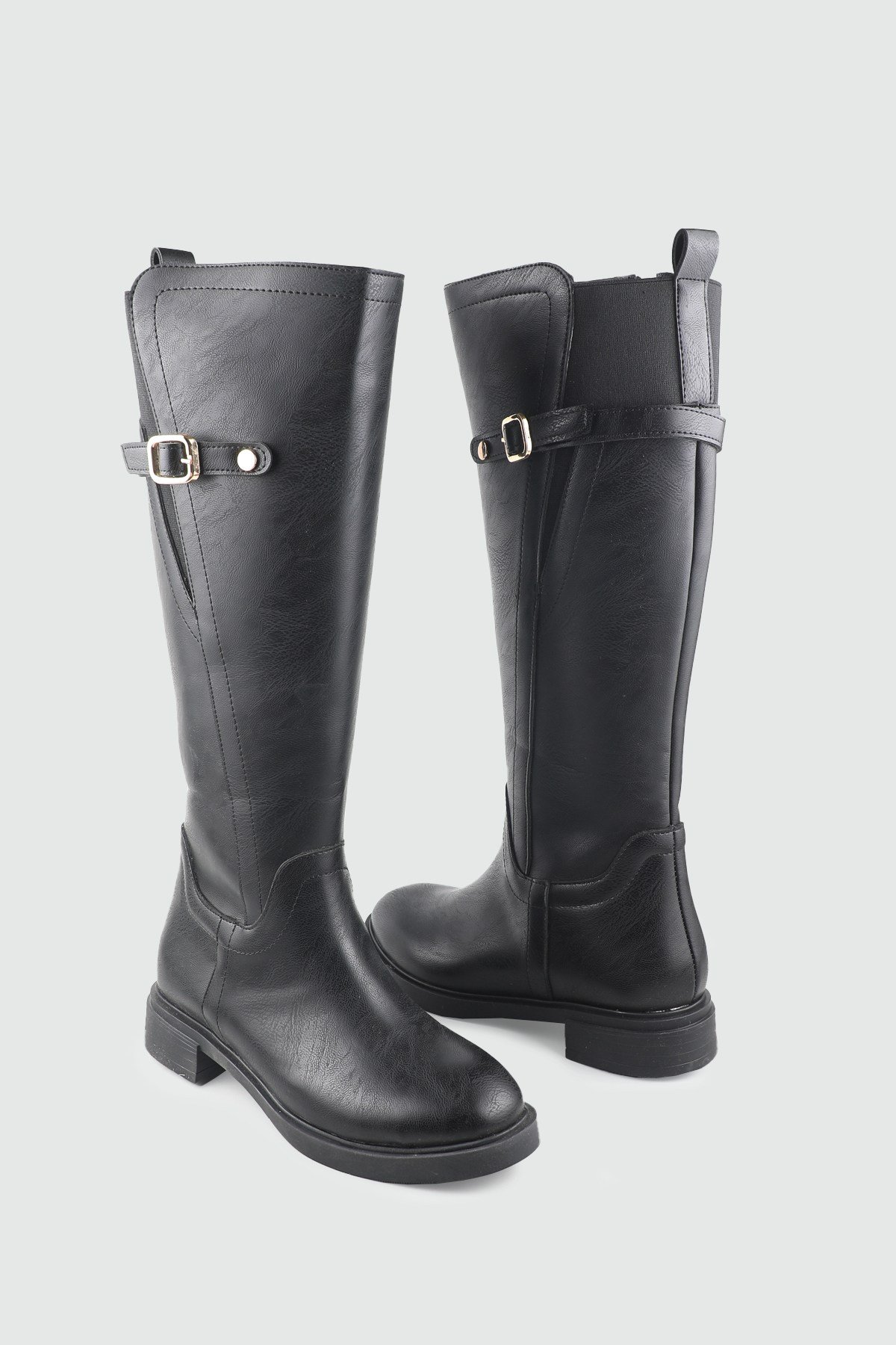 Toka Detaylı Kadın Çizme Siyah Keçeli Shoes 022