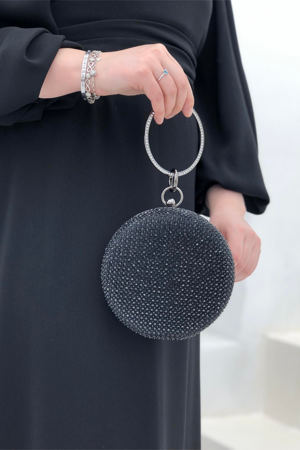 Varolli 350 Box Abiye Kadın Çanta Siyah Taşlı