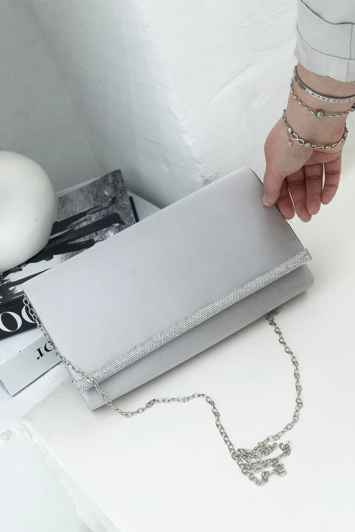 Varolli 411 Box Abiye Kadın Çanta Gümüş Taşlı