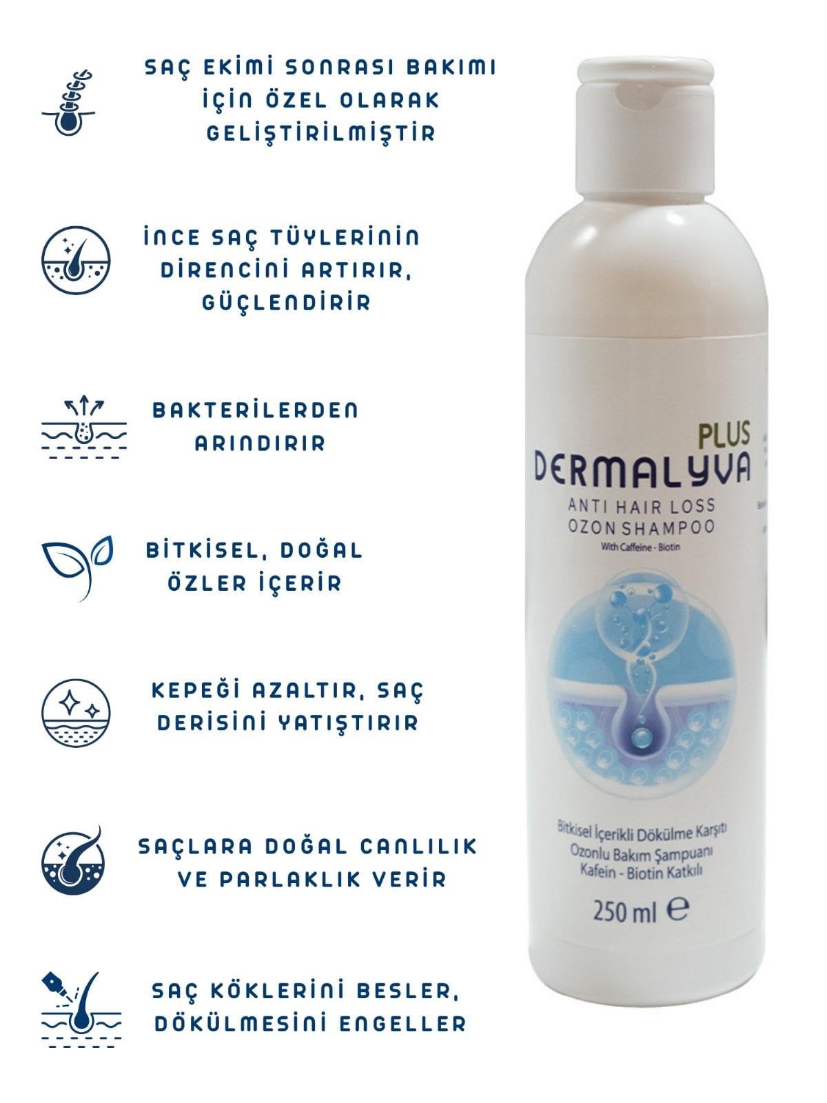 Dermalyva Saç Ekimi Sonrası Şampuan – 15 Aktifli Ozon, Kafein, Keratin, Biotin Içerikli Dökülme Karşıtı 250ml