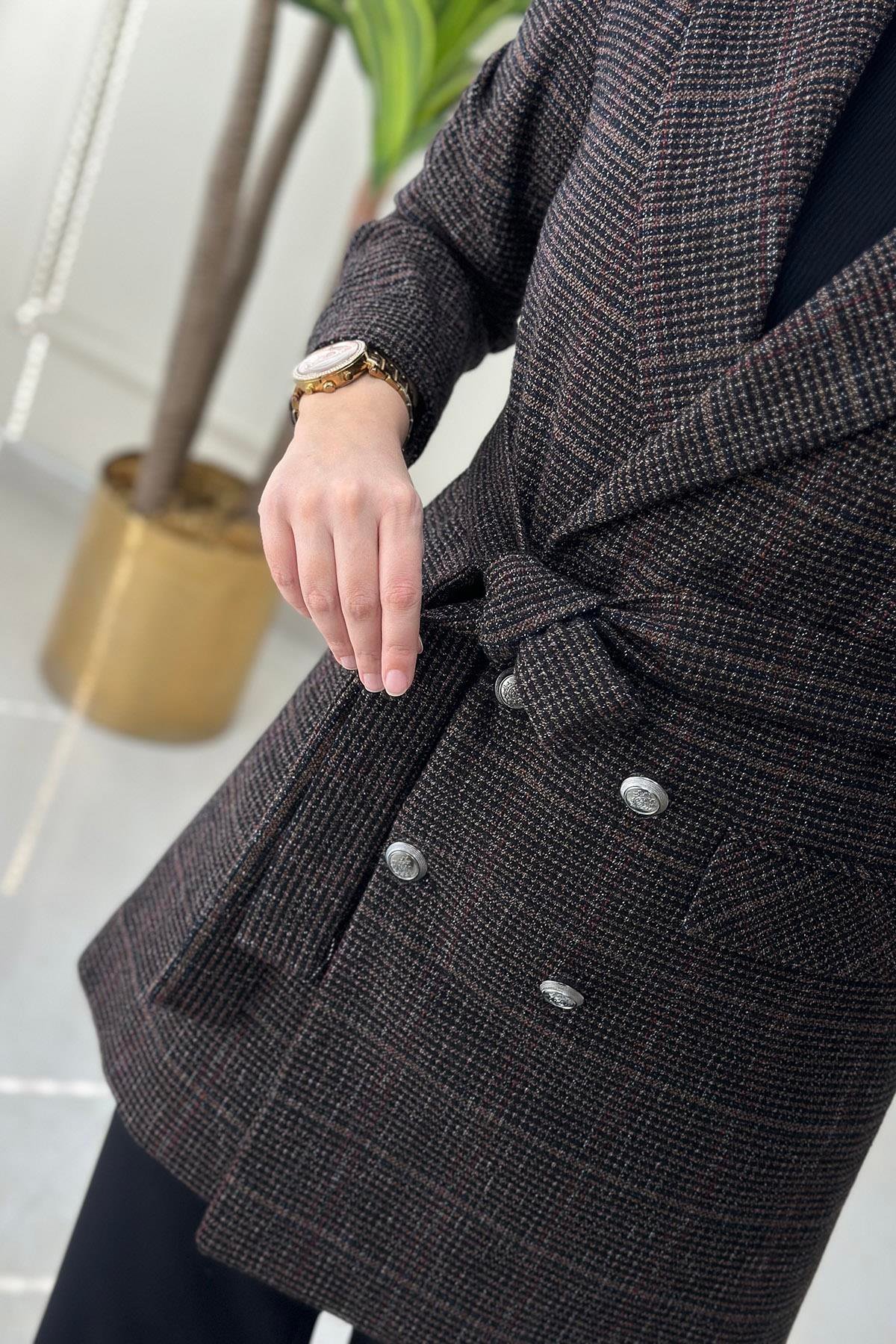 CeketBeli Kemerli Dört Düğme Blazer Kadın Ceket Kahverengi ALS 5004